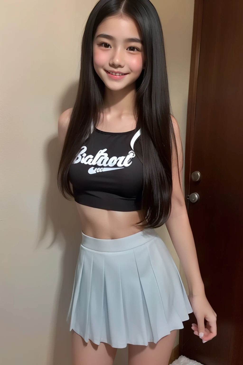 young，Cheerleader，Pleated skirt， Girl，Delicate body， body，Delicate body，，Small breasts，Black-haired，Very long hair、Six Pack、solid、12 yearlush、smile