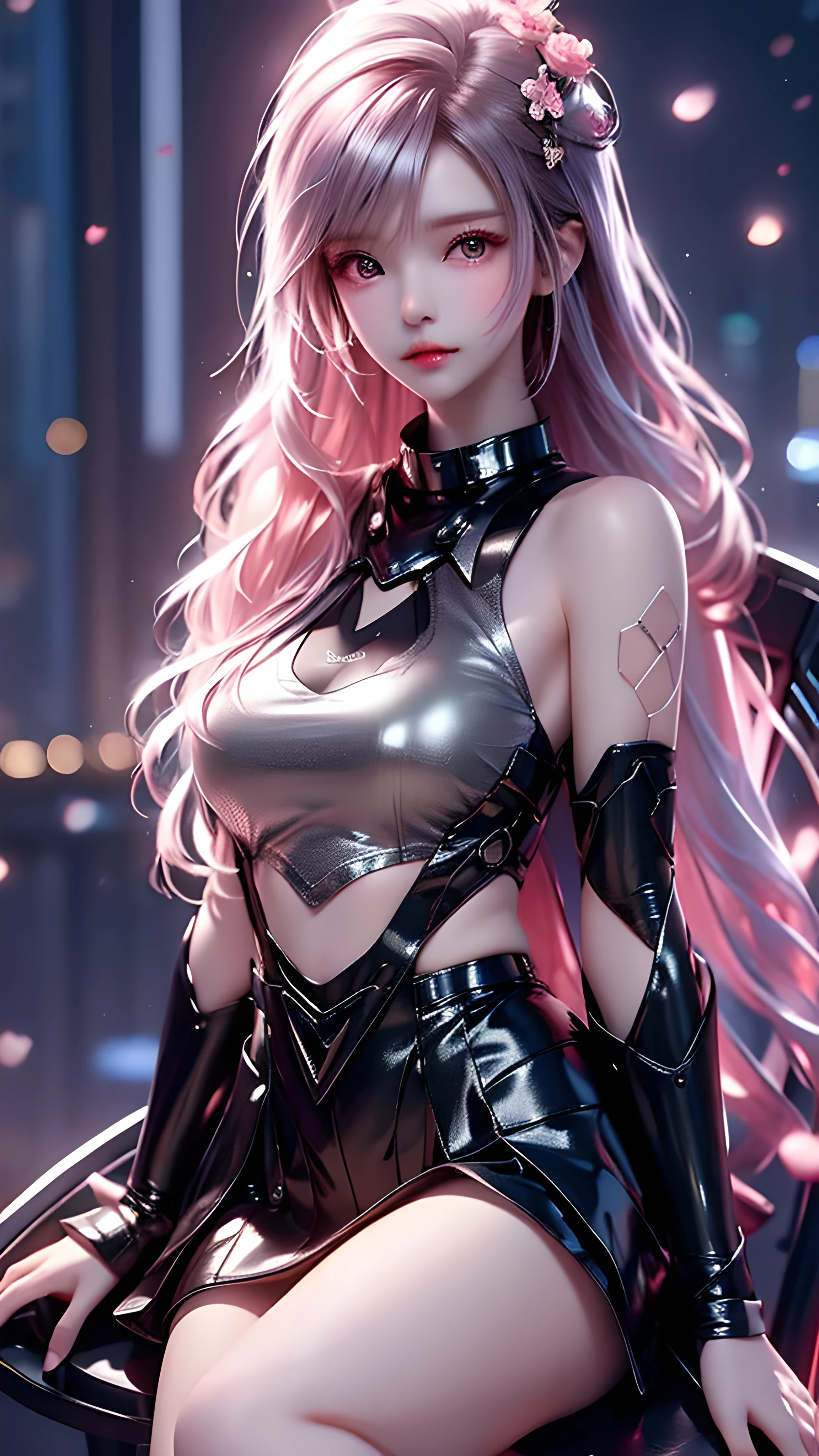 Portrait of the beautiful bust Ahli in League of Legends, absolutely beautiful perfect face, delicate skin, 
Pink hair, nine-tailed fox, black PVC shiny slim dress, feminine body, huge boobs, full breasts, lying on an ice lake, dynamic pose, artist's left and right hand references, neon city scene, full body shot, glow, fantasy, front light, complex, smooth legs, highly detailed, digital painting, art station, smooth, sharp focus, 8 K, highest quality, concept art, illustration