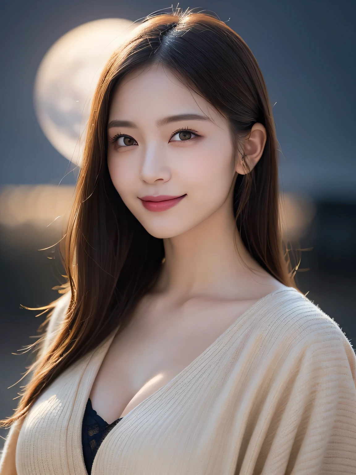 Kimono beauty, body portrait, 8k, thin and beautiful eyes, Dindal effect, masterpiece, top quality, high quality, high resolution, very detailed photo, (natural skin texture, fine skin, hyper realism, super sharpness) , high detail skin, (very fine, fine skin texture, intricate details, beautiful face, (real-like face), realistic eyes, beautifully detailed eyes, realistic skin, beautiful skin, surreal, Highly detailed, golden ratio, smiling eyes, ((night moonlight background)), body portrait, G cup, big breasts, huge breasts, big breasts, glamorous, shiny bodysuit