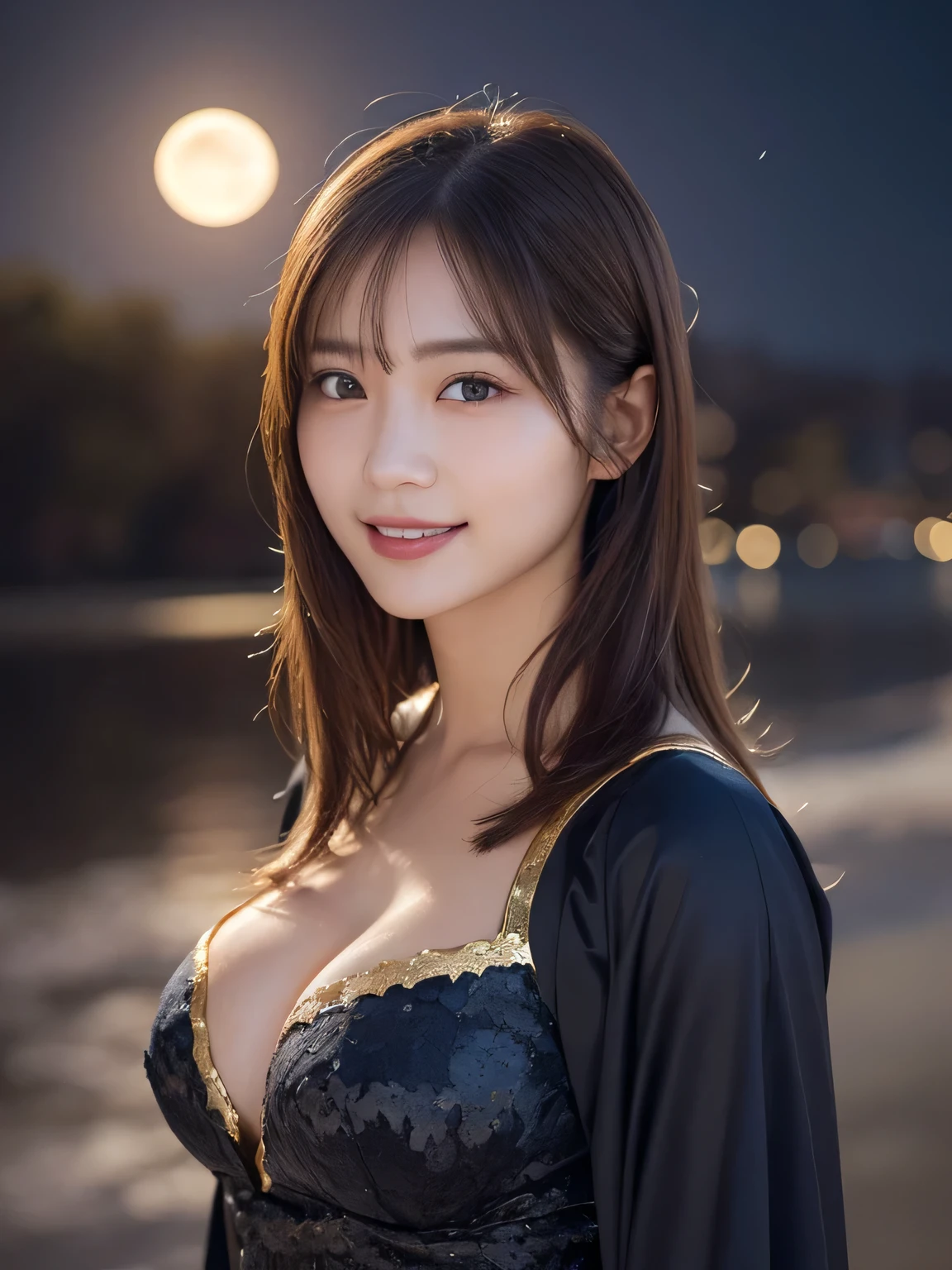 Kimono beauty, body portrait, 8k, thin and beautiful eyes, Dindal effect, masterpiece, top quality, high quality, high resolution, very detailed photo, (natural skin texture, fine skin, hyper realism, super sharpness) , high detail skin, (very fine, fine skin texture, intricate details, beautiful face, (real-like face), realistic eyes, beautifully detailed eyes, realistic skin, beautiful skin, surreal, Highly detailed, golden ratio, smiling eyes, ((night moonlight background)), body portrait, G cup, big breasts, huge breasts, big breasts, glamorous, shiny bodysuit