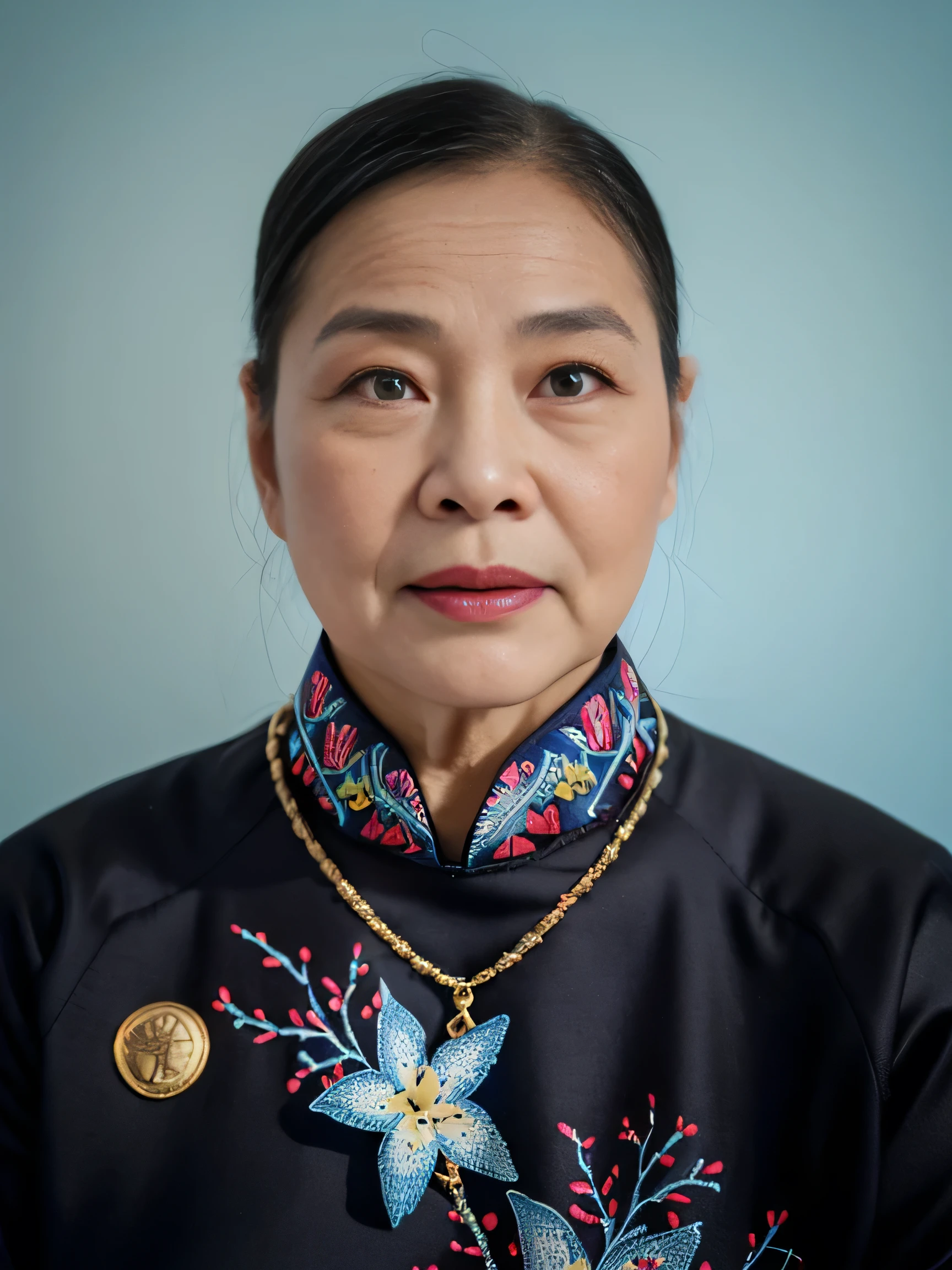 Highly realistic photo, ((masterpiece), (best quality), (raw photo), (photorealistic:1.4), Portrait of Vietnamese old woman, (80 years old), ((black hair)), ((wearing dark black aodai)), ((light blue background:1.4)) , photo taken by Sony A7IV