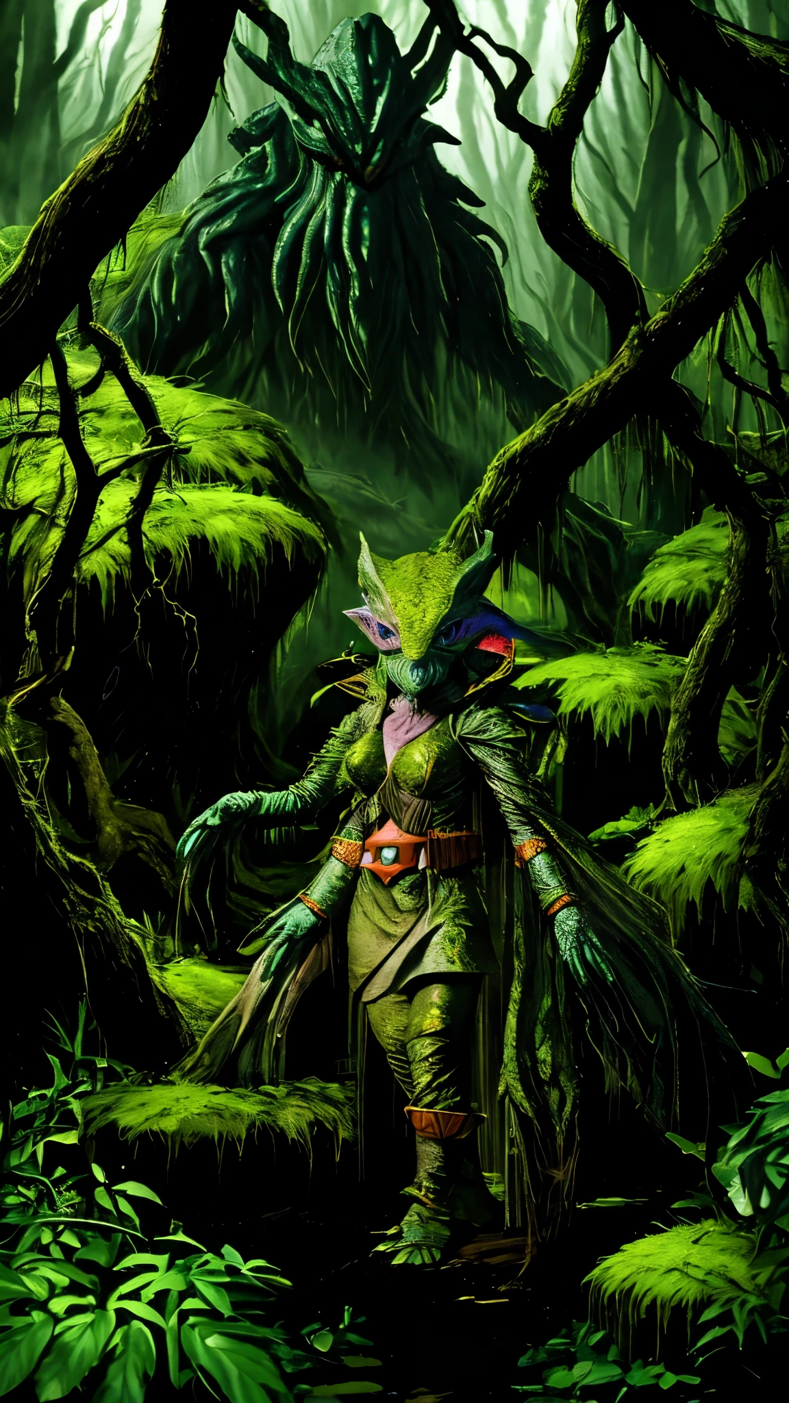 (best quality,highres:1.2),(realistic:1.37),ultra-detailed,a creepy toad,enormous in size,brightly colored,stalks through an ancient forest,tentacle tongue,thick and slimy skin,dark,ominous atmosphere,gloomy shadows,misty fog,gnarled trees,twisted branches,moss-covered rocks,dappled sunlight,unearthly glow,spooky ambiance,dense undergrowth,crunching leaves underfoot,haunting presence,unsettling silence,distant whispers,Cthulhu-like creature,mythical world,mysterious aura, Sentai Ranger, unnerving and seductive, HDR, 8k, absurdres, cinestill 800, sharp focus, add_detail:3 (solo woman) anime, wideshot, widescreen, focus on subject