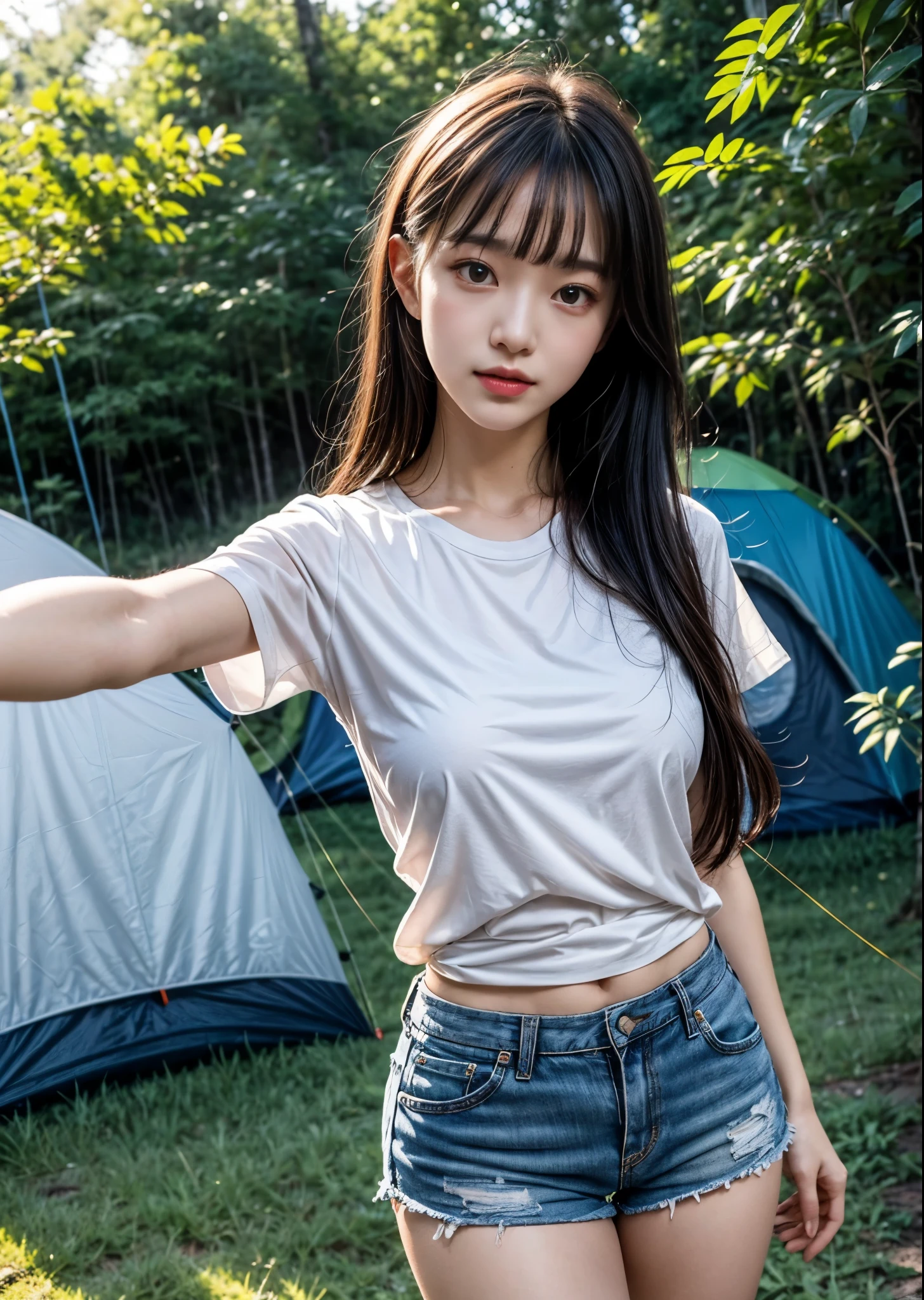 A woman doing solo camping at night、Selfie、Cute 20 year old、Short sleeve shirt with buttons、Shorts、Slim body、Long hair with bangs、A makeshift tent can be seen behind her.、in the forest、(The stars are out)、Sharp images、High color reproducibility、Attention to detail、live-action、Alluring、