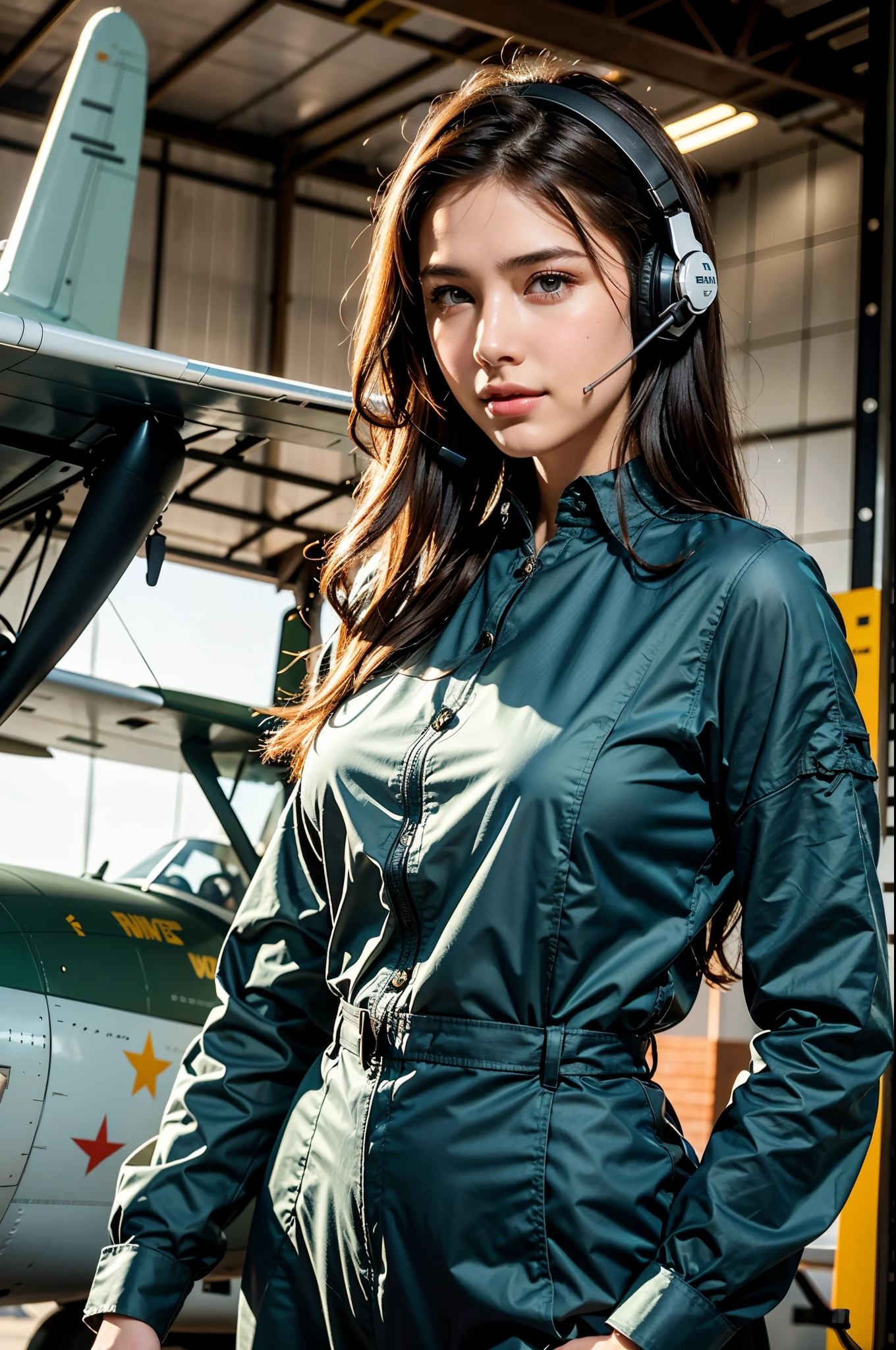 Best quality, ((professional photograph)), intricate composition, Insanely realistic, an extremely delicate and beautiful, realistic lighting and shading, (Realistic image of a extremely pretty female Aircraft mechanic, solo), Inside a spacious Aircraft hangar, Vintage airplanes of the World War II era line the background, She does aircraft maintenance, (wearing Military camouflage patterned Long-sleeved mechanic's coverall), (wearing mechanic's heavy-duty glove), (Wearing a headset), her hair is tied back later, very professional mechanic, inscrutable smile, ((extremely beautiful depiction of the eyes and face)), ((insanely beautiful natural skin texture)), Accurate eyes, Accurate hands, Well-balanced overall body