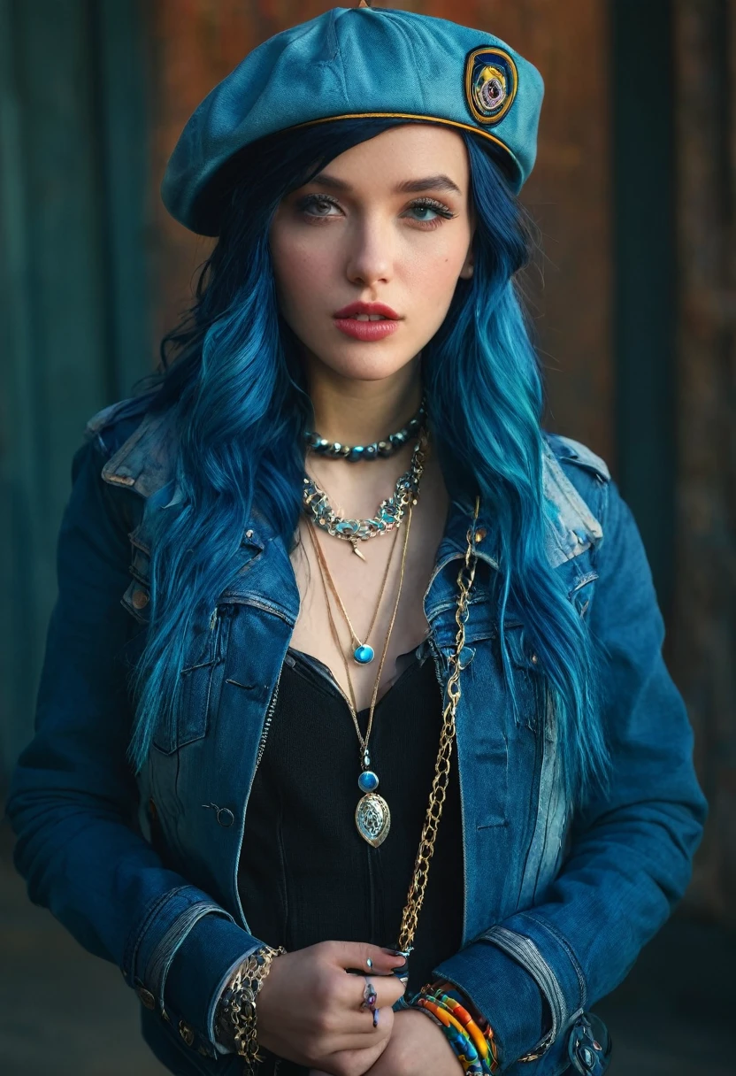 AnadeArmas,Realistic photo of a beautiful woman, 1girl, solo, long hair, hat, jewelry, blue hair, jacket, multicolored hair, necklace, bracelet, lips, realistic, fashion, soft lighting, professional Photography, Photorealistic, detailed, RAW, analog, sharp focus, 8k, HD, DSLR, high quality, Fujifilm XT3, film grain, award winning, masterpiece
