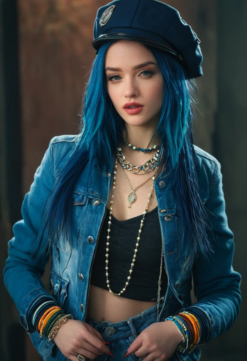 AnadeArmas,Realistic photo of a beautiful woman, 1girl, solo, long hair, hat, jewelry, blue hair, jacket, multicolored hair, necklace, bracelet, lips, realistic, fashion, soft lighting, professional Photography, Photorealistic, detailed, RAW, analog, sharp focus, 8k, HD, DSLR, high quality, Fujifilm XT3, film grain, award winning, masterpiece
