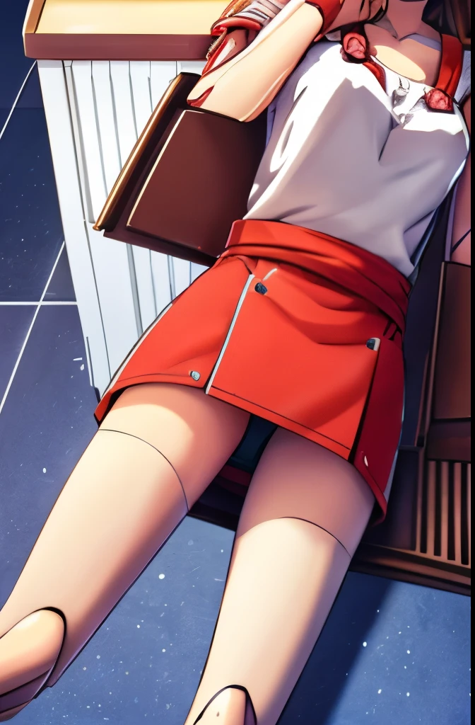 A Female robot is sleeping in the book, spread legs, nude, banzai pose. she wears no dress. She Brown short hair is tied with two big red clothespins, She lifts up the under hem of her white plain dress, leaning over, masterpiece, very short pigtails,brown hair, mature, android, blue eyes, full body figure, Height: 160cm, flushed cheeks, 2020s anime picture, A beautiful robot with short brown hair in two short pigtails held up by two very large huge red clothespins, Uplifting, No NSFW, whole body, barefoot, archaic smile, getting orgasm, 25 years old, sweat bucket.