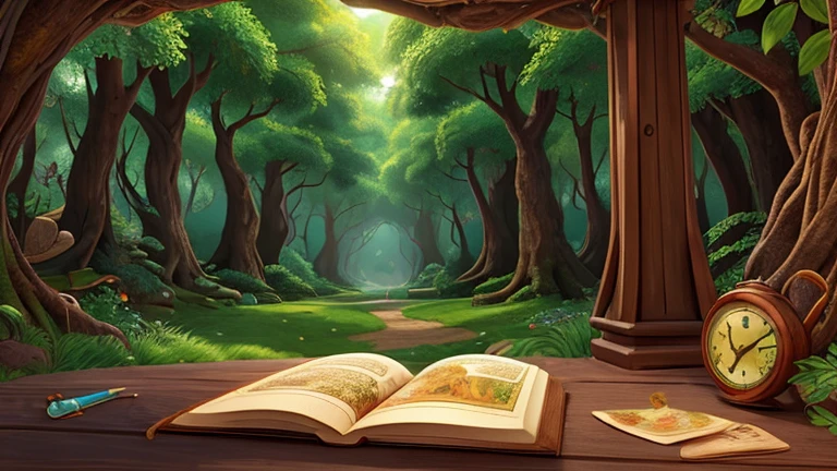 Picture a whimsical book titled "The Lost Treasure of the Forest" with a weathered cover adorned with intricate illustrations. The book is bound in aged leather, its pages yellowed with age and adorned with delicate filigree designs. On the cover, an enchanting forest scene unfolds, depicting towering trees, winding paths, and hidden treasures nestled among the foliage. As you open the book, the pages come alive with vibrant illustrations that leap off the page. Each illustration is filled with intricate details, from shimmering jewels to ancient artifacts, lush landscapes, and curious woodland creatures. Scenes of adventure and discovery unfold before your eyes, drawing you deeper into the magical world of the forest. From hidden caves to secret passages, each page holds a new clue to unlocking the mysteries of the forest and uncovering its long-lost treasures. As you turn the pages, you can't help but feel a sense of excitement and anticipation, eager to embark on an adventure of your own.