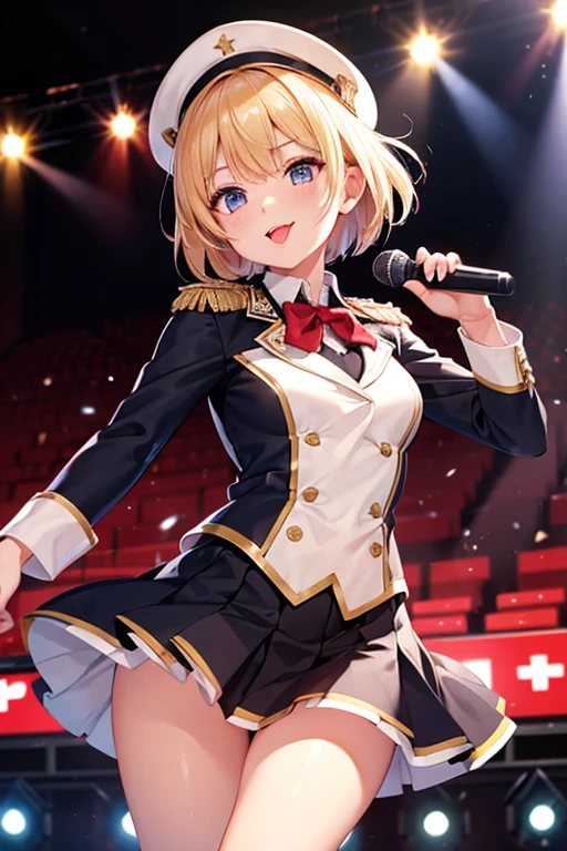 1lady,solo,idol,uniform,in stage,sing,have a mic,cute,blond hair,short hair, long tongue,Sticking out your tongue and open your mouth,face focus,red lips,provocation
