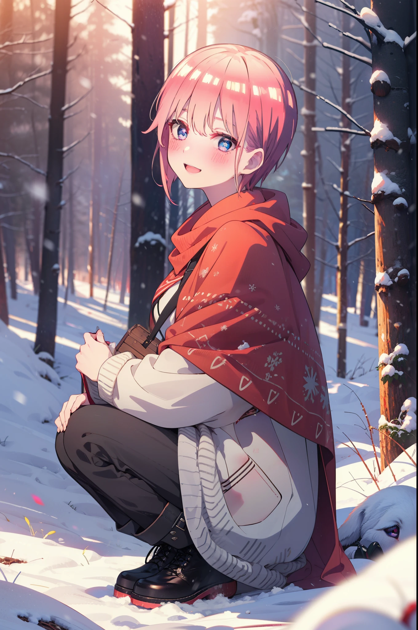 ichikanakano, ichika nakano, short hair, bangs, blue eyes, Hair between the eyes, smile,Pink Hair,smile,blush,White Breath,
Open your mouth,snow,Ground bonfire, Outdoor, boots, snowing, From the side, wood, suitcase, Cape, Blurred, Increase your meals, forest, White handbag, nature, Squat, Mouth closed, フードed Cape, winter, Written boundary depth, Black shoes, red Cape break looking at viewer, Upper Body, whole body, break Outdoor, forest, nature, break (masterpiece:1.2), highest quality, High resolution, unity 8k wallpaper, (shape:0.8), (Beautiful and beautiful eyes:1.6), Highly detailed face, Perfect lighting, Highly detailed CG, (Perfect hands, Perfect Anatomy),