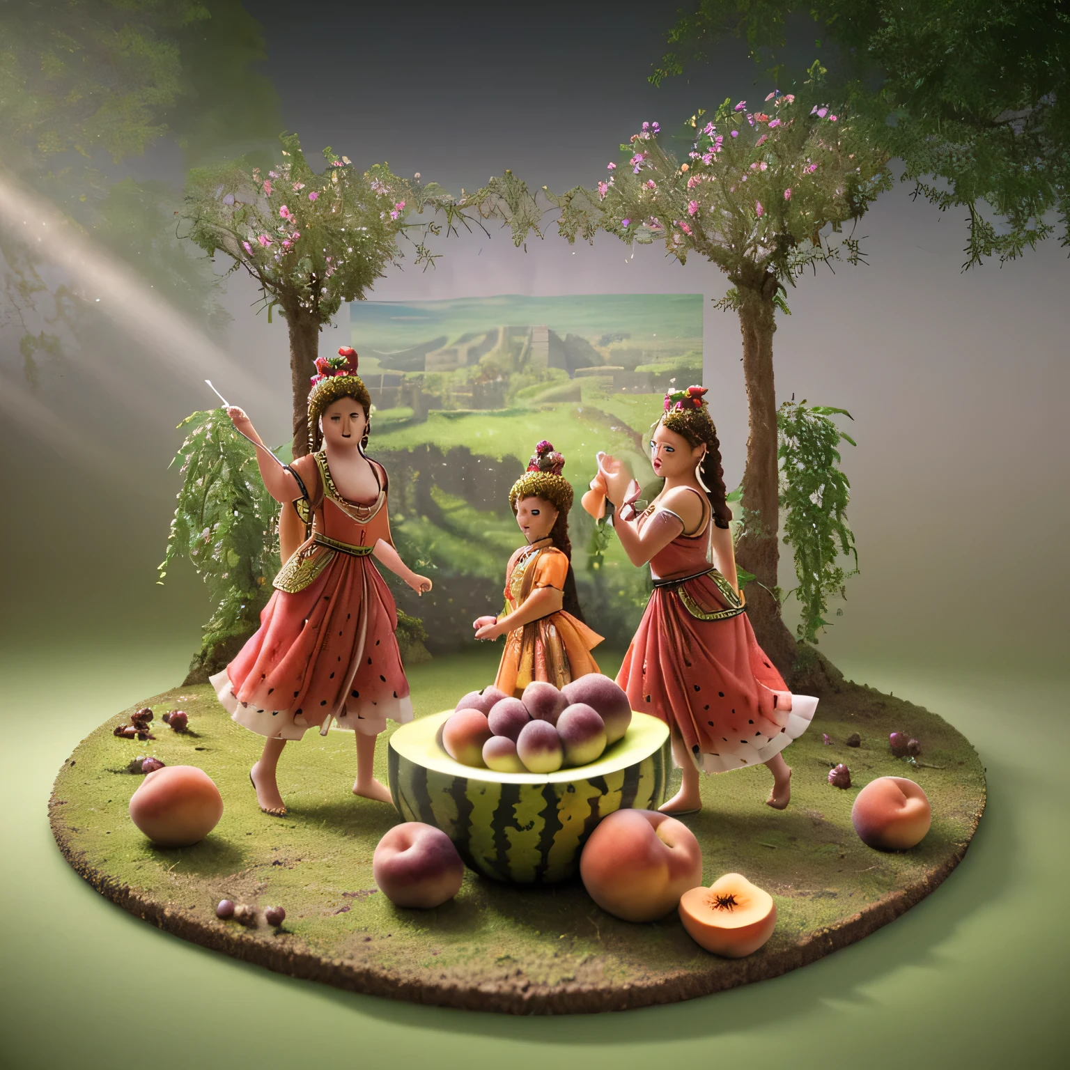 Three-dimensional ancient style,Miniature Landscape,New 3D Secret Realm,Huge grapes,Huge watermelon,Huge peaches,Giant Cherry,Wildflowers of all colors,Little people in ancient costumes running and playing,colorful,Rich in details,Ultra-clear,Commercial Photography,Studio Lighting,Movie Light Effects,Masterpiece