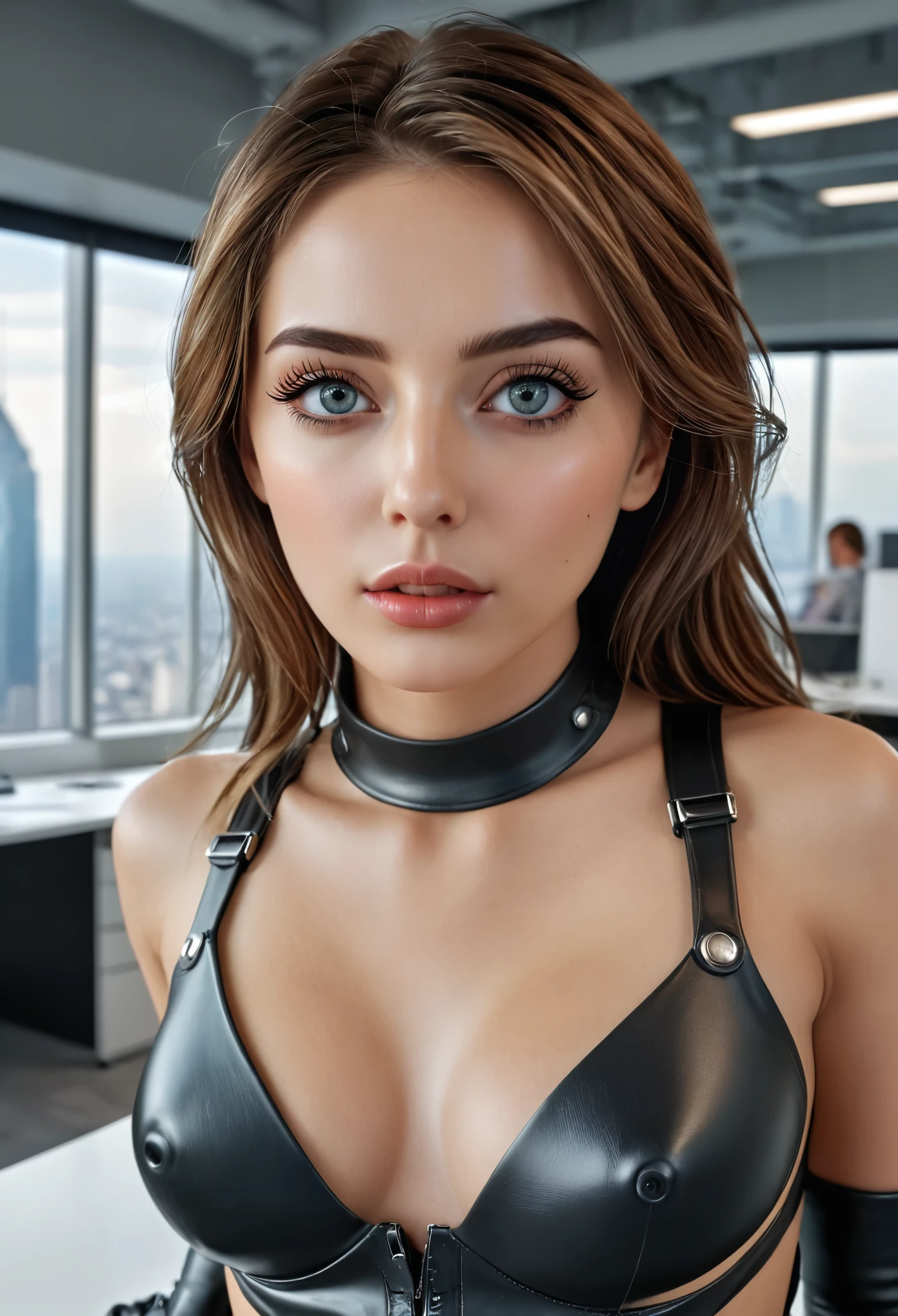 (best quality, 4k, 8k, highres, masterpiece:1.2), ultra-detailed, (realistic, photorealistic, photo-realistic:1.37), office in a skyscraper in a big city, female cyborg, beautiful detailed eyes, beautiful detailed lips, beautiful detailed face, extremely detailed eyes, extremely detailed face, long eyelashes, standing in the middle of the office, heavy mens boots, high quality,  absurdity, masterpiece, beautiful, complex parts,1/2 body trimmings, slender body, beautiful figure, magnificent ???????, complex parts:1.12, HDR, complex parts:1.15, natural skin textures, hyperrealistic, soft light, spicy:1.2