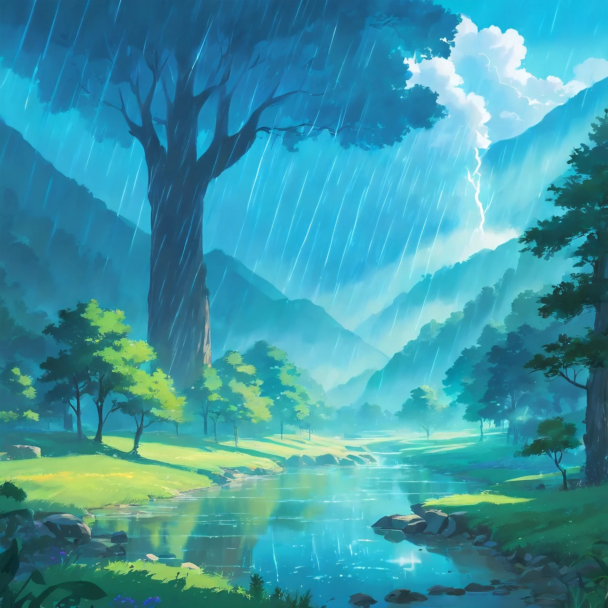 Certainly! Here's the revised prompt with an anime-style twist:
---
**Prompt:**
Create a stunning depiction of an anime-style rainstorm scene set in a vibrant valley. The valley should burst with color, featuring towering trees, cascading waterfalls, and lush greenery. Infuse the scene with a sense of energy and dynamism, capturing the essence of anime in every detail.
**Description of the Valley:**
Set the stage with a description of the valley, drawing inspiration from classic anime landscapes. Picture a valley brimming with life, where every tree sways gently in the breeze and every flower blooms with radiant beauty. The valley should feel like a world unto itself, teeming with magic and wonder.
**Weather Conditions:**
Describe the dramatic weather conditions that precede the rainstorm. Dark clouds should gather ominously overhead, crackling with the promise of thunder and lightning. The air should crackle with electricity, heightening the sense of anticipation and excitement.
**Rainfall:**
Bring the rainstorm to life with vibrant imagery. Picture the raindrops as they fall from the sky like glittering jewels, casting shimmering reflections on the ground below. The rain should be both beautiful and powerful, transforming the landscape with its sheer intensity.
**Mist and Fog:**
Introduce elements of mist and fog to add depth to the scene. Picture wisps of mist swirling around the trees, adding an air of mystery to the valley. The mist should be soft and ethereal, blurring the boundaries between reality and fantasy.
**Lighting:**
Consider the lighting conditions within the valley. The stormy skies should cast everything in a dramatic light, with shafts of sunlight piercing through the clouds in brilliant bursts of color. Lightning should illuminate the scene with dazzling flashes, casting long shadows and highlighting the contours of the terrain.
**Emotional Impact:**
Finally, evoke the emotional impact of the scene with anime-style flair. Capture the sens