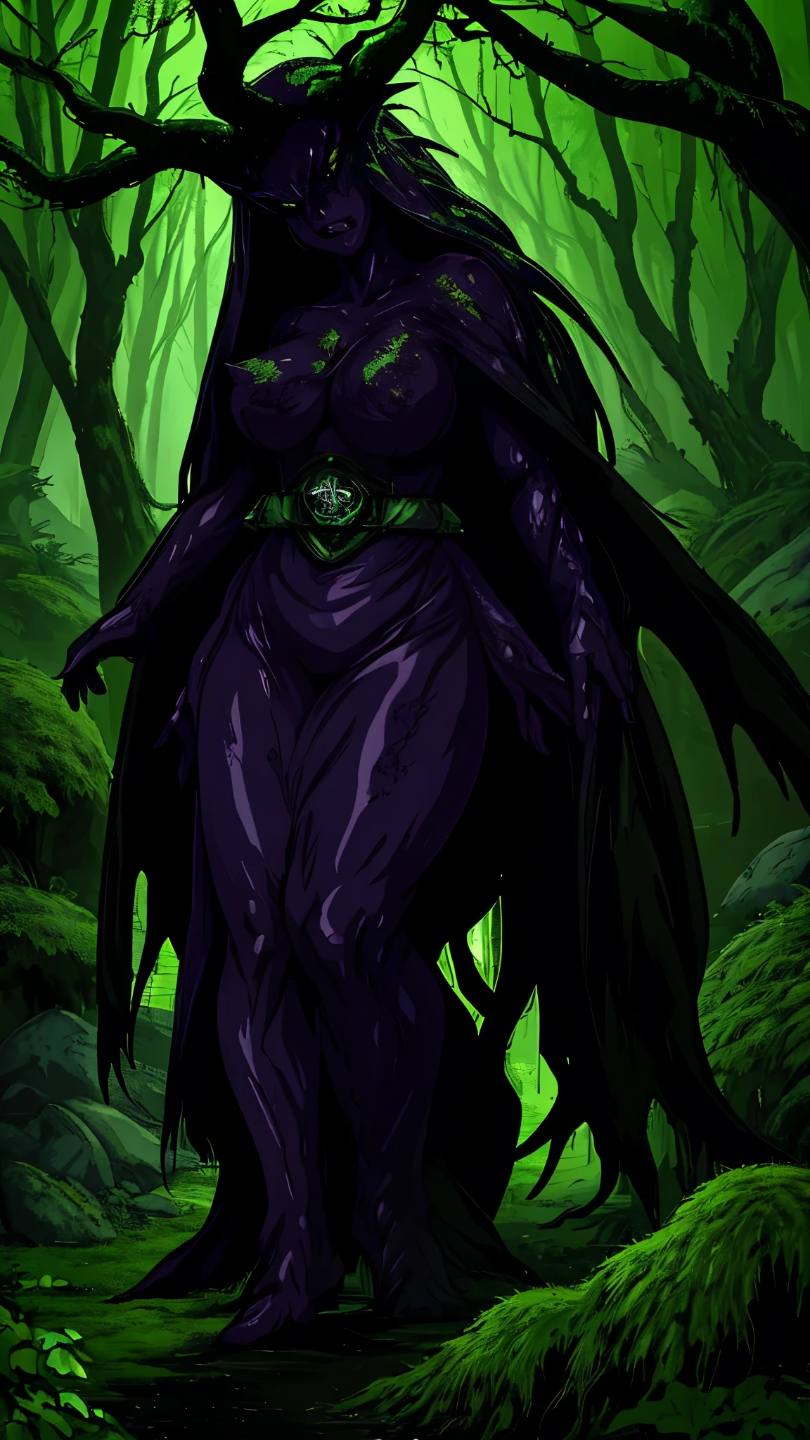 (best quality,highres:1.2),(realistic:1.37),ultra-detailed,a creepy toad,enormous in size,brightly colored,stalks through an ancient forest,tentacle tongue,thick and slimy skin,dark,ominous atmosphere,gloomy shadows,misty fog,gnarled trees,twisted branches,moss-covered rocks,dappled sunlight,unearthly glow,spooky ambiance,dense undergrowth,crunching leaves underfoot,haunting presence,unsettling silence,distant whispers,Cthulhu-like creature,mythical world,mysterious aura, Sentai Ranger, unnerving and seductive, HDR, 8k, absurdres, cinestill 800, sharp focus, add_detail:3 (solo woman) anime, wideshot, widescreen, focus on subject