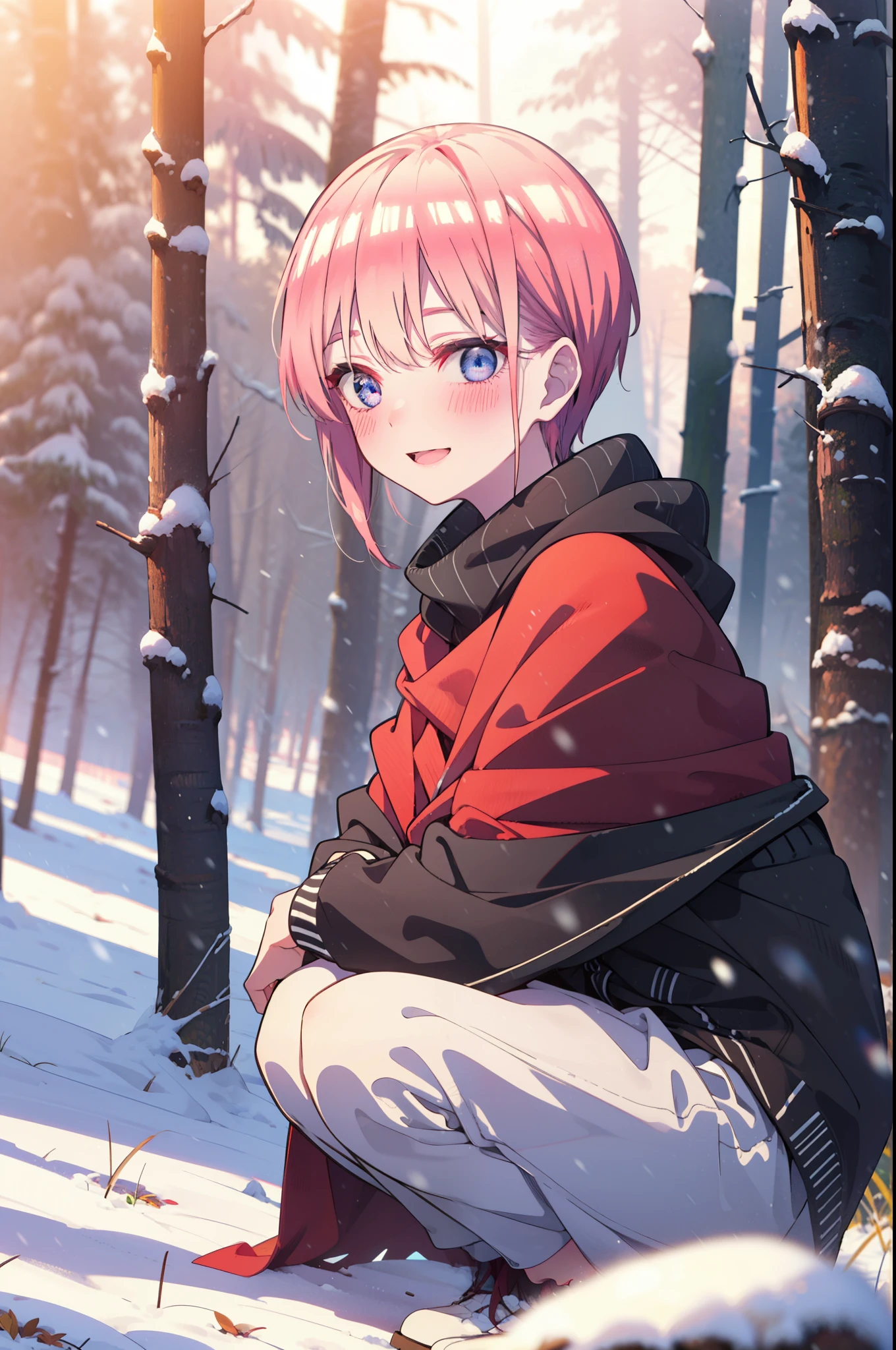 ichikanakano, ichika nakano, short hair, bangs, blue eyes, Hair between the eyes, smile,Pink Hair,smile,blush,White Breath,
Open your mouth,snow,Ground bonfire, Outdoor, boots, snowing, From the side, wood, suitcase, Cape, Blurred, Increase your meals, forest, White handbag, nature,  Squat, Mouth closed, フードed Cape, winter, Written boundary depth, Black shoes, red Cape break looking at viewer, Upper Body, whole body, break Outdoor, forest, nature, break (masterpiece:1.2), highest quality, High resolution, unity 8k wallpaper, (shape:0.8), (Beautiful and beautiful eyes:1.6), Highly detailed face, Perfect lighting, Highly detailed CG, (Perfect hands, Perfect Anatomy),