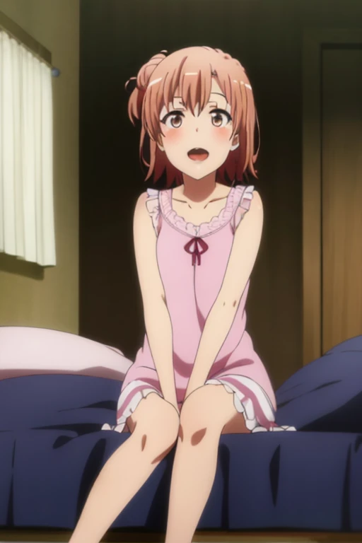 ((highest quality)), ((masterpiece)), (be familiar with), Perfect Face, indoor, Bedroom, Watching the audience,
One woman, Yuigahama Yui,
Open Mouth, Ecstatic expression, blush, smile,
Small breasts, Flat Chest, Young Girl, , , Girl,
Short Hair, Salmon-colored hair, Salmon-colored eyes, Side Pony,
Leg spread,