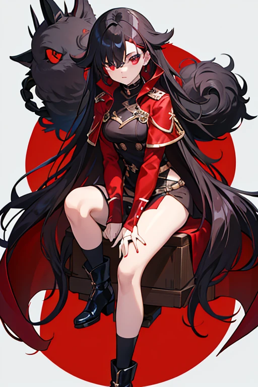 masterpiece, Highest quality, One girl, alone, pantyhose, ((mini skirt)), Black Hair, squat, Long Hair, gloves, Purple eyes, White Background, Cape, belt, white gloves, View your viewers, red Cape, Simple Background, black shorts, Black footwear, bangs, grey pantyhose, front leg pose, whole body, hair ornaments, collar, chest, black pantyhose, Long sleeve, Jacket, uniform, Epaulettes, boots, Spread your legs, Open your mouth, (masterpiece、Highest quality、Super Fine、High resolution、Genuine、Sharp focus))、Face Light、((And yet delicate and beautiful))Sexy figure、((大きなchest)),((Bright eyes)),chestの谷間を強調,((Spread your legs wide)),Sexy Underwear,Embarrassed,Watery eye,((Pull up your skirt)),nsfw:1.9,spread legs,(((Sweat)),((Pubic Area Showing)),,((Stick your butt out)),((Beautiful Eyes)),((Torn clothes)),((naked))
