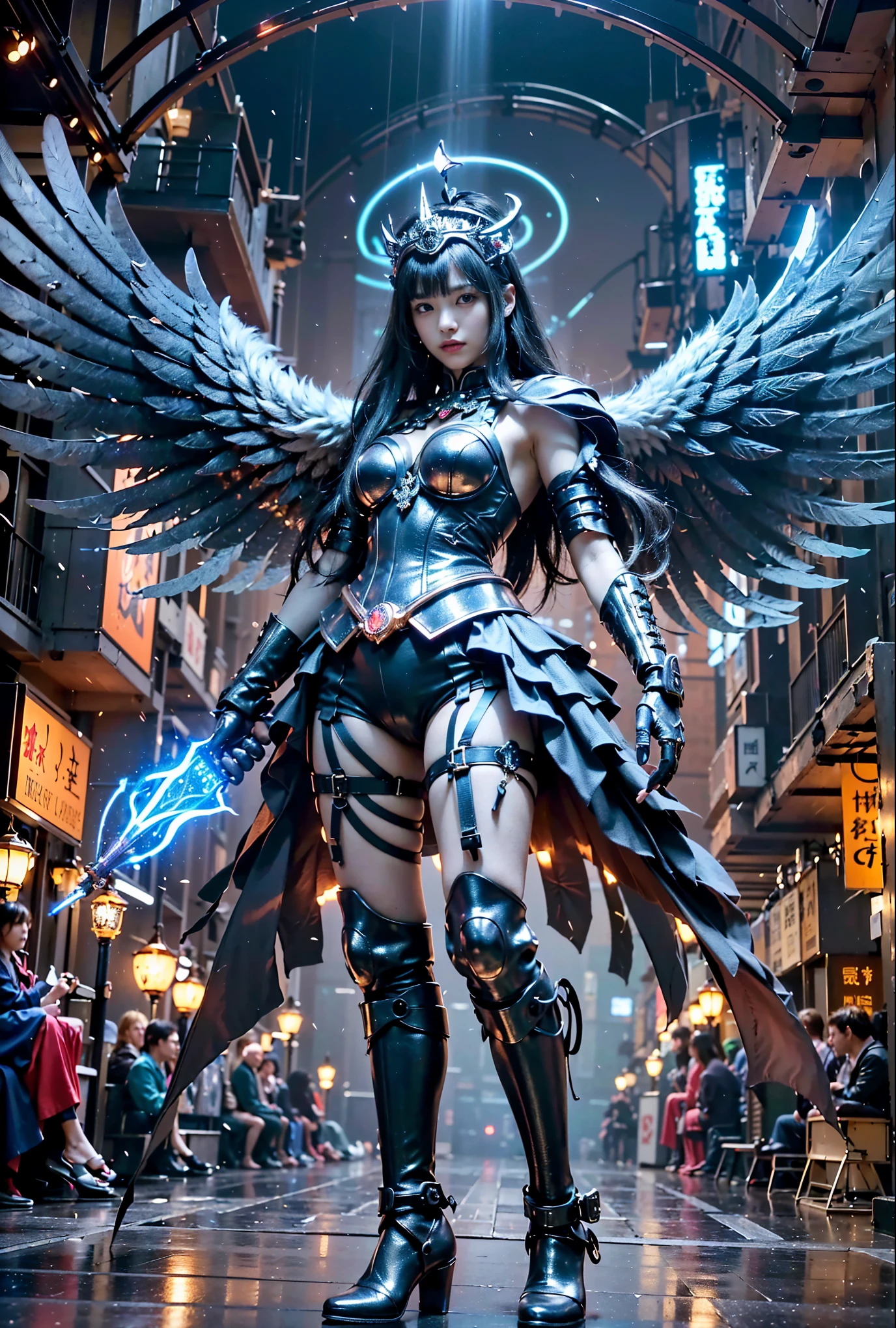 (((masterpiece, highest quality, Very detailed))), (((終わりのないmagic使いの少女, 14 years old, radiating magic))), (((Complex mechanical headgear, A fusion of the intricate mechanical nature of steampunk fashion, the over-the-top gothic fashion and the neon glow of cyberpunk fashion.))), Bust up photo, ((((Very detailedな顔))), (((Very sharp focused eyes))), Very large slitted dark grey eyes that sparkle like jewels. Very long eyelashes, Long vertically curled black hair, Thick bangs, Perfect princess cut, Very gorgeous tiara, (((Perfectly accurate human anatomy))), Long neck, Narrow shoulders, thin and long arms, Small breasts, Very small waist, Very small ass, Long, slender legs, (((Overall accuracy has been dramatically improved, creating Very detailed, Realistic and photo-realistic images)))), (((magic, magic spell light, magic weapon))), Dynamic pose, Cinema Lighting,