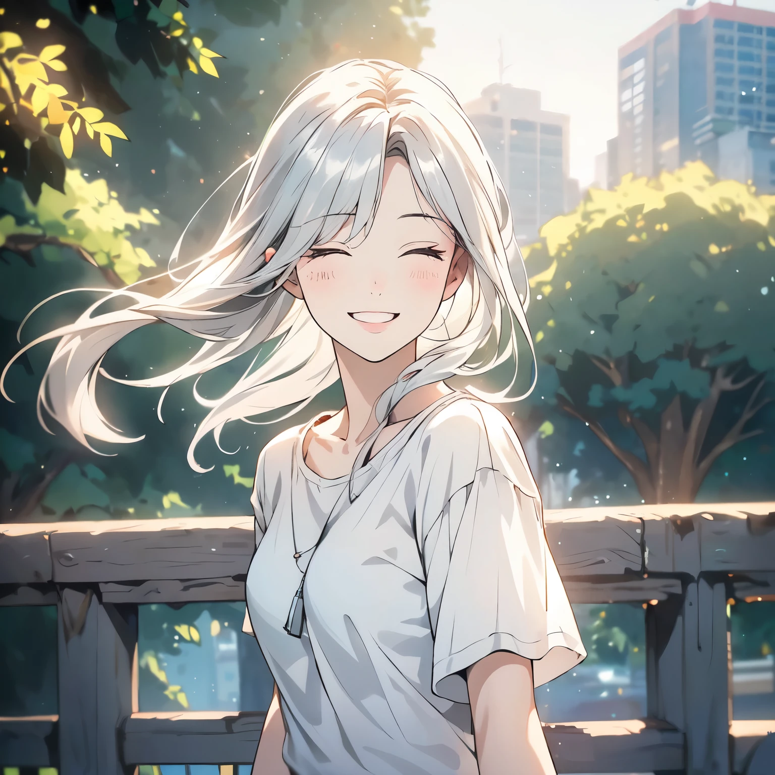 A white hair,20-year-old girl in a white shirt,Standing in the city park,Happy expression,Smile,Close your eyes(Upper body display:1.5)(cinematic lighting:1.5))(ultra-high detail:1.5)(best quality:1.5)