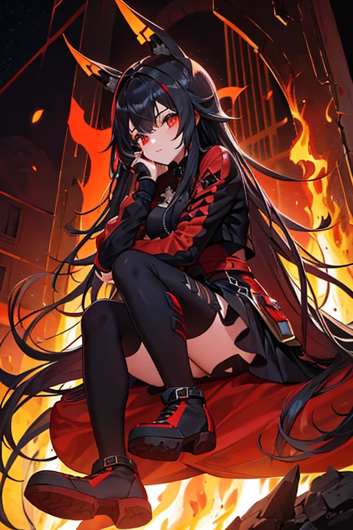 cabelo preto com mechas vermelhas, meia preta, bota vermelha com preta, calcinha, capa com capuz