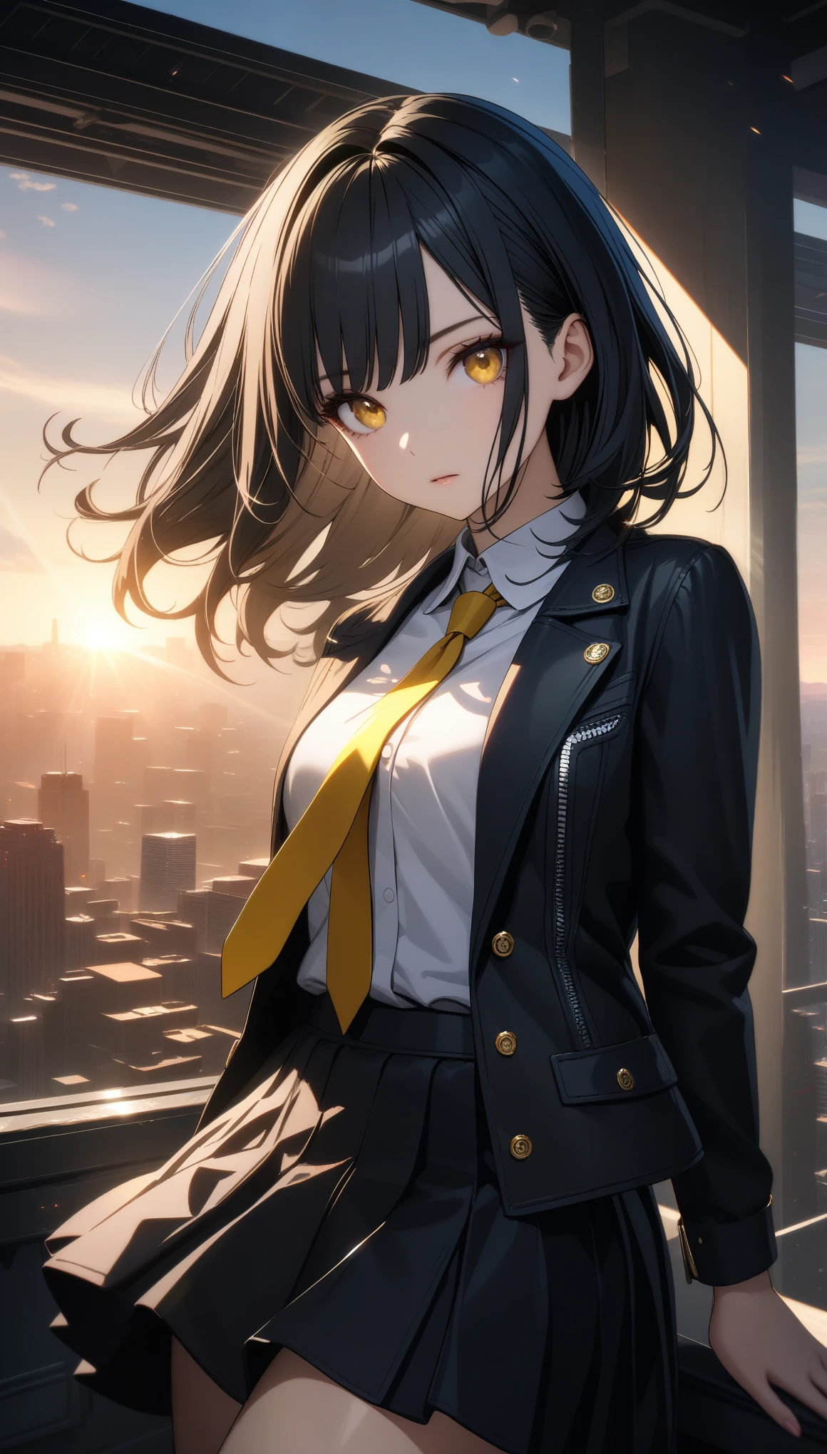 32k, best quality, ultra high res, HDR, UHD, extremely detailed CG, unity 32k wallpaper, One girl, Intricate details, masterpiece, highest quality, Very detailed,Cinema Lighting, Beautiful sparkle, Beautifully detailed face and eyes, 8k, Dark intense shadows, Yellow Eyes, Medium Hair, Black Hair, bangs, Floating Hair, Black jacket, Open jacket, White shirt, Expressionless, Yellow tie, Black Skirt, Spotlight, sunlight, sunrise, Gradient Sky, city, Lens flare, Cowboy Shot, [[Curvy]], [Mature Woman],
