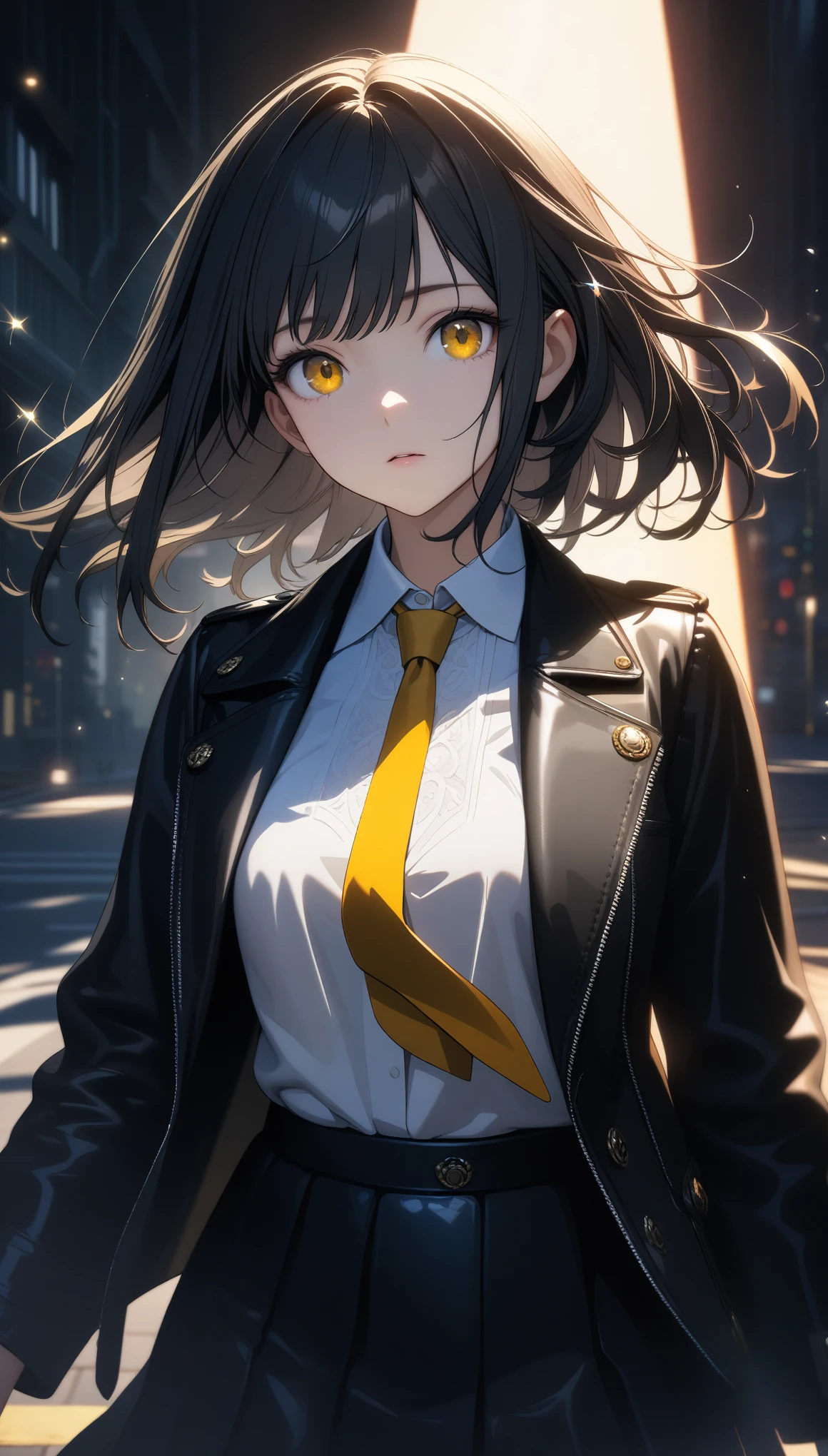 32k, best quality, ultra high res, HDR, UHD, extremely detailed CG, unity 32k wallpaper, One girl, Intricate details, masterpiece, highest quality, Very detailed,Cinema Lighting, Beautiful sparkle, Beautifully detailed face and eyes, 8k, Dark intense shadows, Yellow Eyes, Medium Hair, Black Hair, bangs, Floating Hair, Black jacket, Open jacket, White shirt, Expressionless, Yellow tie, Black Skirt, Spotlight, sunlight, sunrise, Gradient Sky, city, Lens flare, Cowboy Shot, [[Curvy]], [Mature Woman],