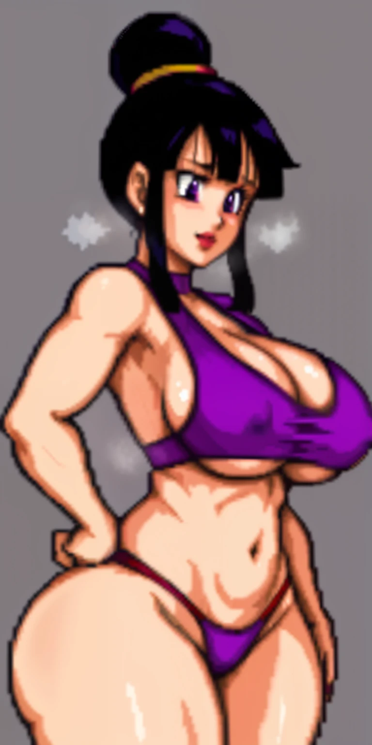 chichi_dbz, nsfw, pixelart, pixel art, red bimbo lips, beautiful eyes, inside_her_house_dbz, purple eyes, standing, solo, large_breasts, wearing white_tank_top, black_thong, nipples, 2nipples, wet body, sweaty body, naked, masterpiece, best quality, detailed face, detailed eyes, highres, big breasts, biggest_behind, areola_under_dress, big_ass, thick_thighs, wide_hips, black tight_thong, buttcrack_showing_ass, perfect_body, perfect_clothing,