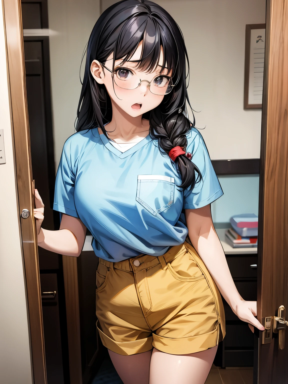 Korean neatly girl, (16 years old), in the apartment, front door, shorts, busty, glasses, view from front, shocked expression, (masterpiece, best quality, extremely detailed, hyper realistic) 