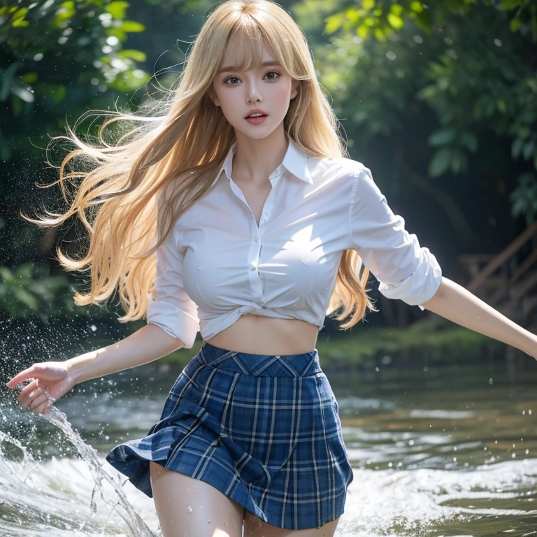 Busty women,blunt bangs,Thighs,Blonde Hair,Voluminous long hair that reaches down to the waist,Wavy long hair,Wet Hair,looking at the camera,Blue tartan skirt,The white shirt is wet and the underwear is visible,Running, splashing water,