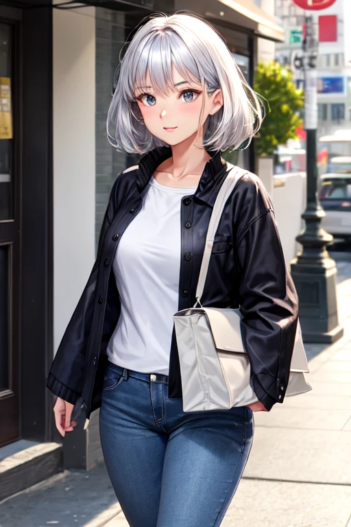 High-quality, ultra-realistic portraits。She has a face that is both cute and pure.、((It has a rounded and gentle contour))。(Eyes are large、Her clear eyes are distinctive、The nose is small and well-formed。Lips in natural color、Modest thickness)。The skin is transparent、Has a healthy glow。Makeup is natural、She uses thin foundation and subtle lip color.。clothing:
- White cotton T-shirt
- Denim shorts
- White sneakers
Accessories:
- A simple silver necklace - Small silver stud earrings - Beige canvas tote bag background:
Cafe terrace in the city、Bright sunshine。The lighting is soft and natural.、Accentuating facial features、Does not emphasize shadows。