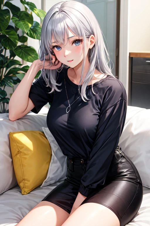 A 30-year-old female,with silver hair,wear clothes