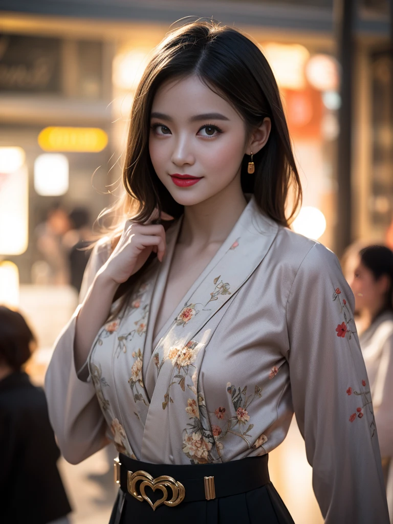 ((upper body)), Shot from a random perspective, ancient chinese beauti, Swing, posed for photo, ellegance, dignified, slim, Slimming the waist, curlies, period costume, Hanfu, Tang suit, cropped shoulders, China-style, Floral, Pattern, high-waist, Nice belt, golden hair, warm lights, Warm tones Slender legs, Cross ed leg, the night, rays of moonlight, warm lights, a warm color palette, Dynamic pose, posing elegantly, blonde hair, streaked hair, hair ornament, heart-shaped pupils, makeup, light smile, shy, licking lips, Romanticism, Social realism, chiaroscuro, motion blur, anaglyph, Sony FE GM, UHD, masterpiece, textured skin, super detail, best quality