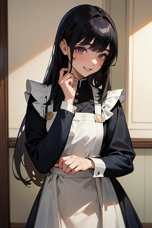 (Highest Resolution, clear_image) highest quality, Single person, One Woman, alone, masterpiece, Very detailed, Semi-realistic, Black Hairのショートヘア, Black Hair, bangs, 18-year-old, mature, light blue uniform, uniform, Indoor Background, kind, Authoritative, powerful, exquisite features, exquisite features、Eyelashes become longer、Showing teeth、smile😀、Maid clothes、Touching hair、
