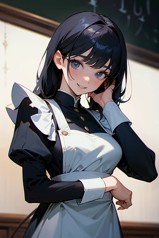 (Original Character、Unity 16K Wallpaper, Masterpiece, Best Quality, Ultra-Detailed, Extremely Detailed CG, Caustics, Cinematic Lighting, Detailed, Beautiful Detailed Eyes, solo,sexy women), Ultra High Resolution, fine skin, (maid, maid apron, maid headdress,black maid skirt), (strong light)、oily skin,curby:1.2,Huge gigantic breasts:1.2,sity、(cowboy shot、above chest,portrait),smile,from side,In town、homework