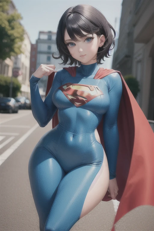 (masterpiece:1.4), (best quality), (detailed), (8k), (1girl, solo, sideways), (sidewalk), Clara Kent, superhero, bodysuit, short hair, red cape, blue eyes, wide hips, bending, bright dark blue costume.