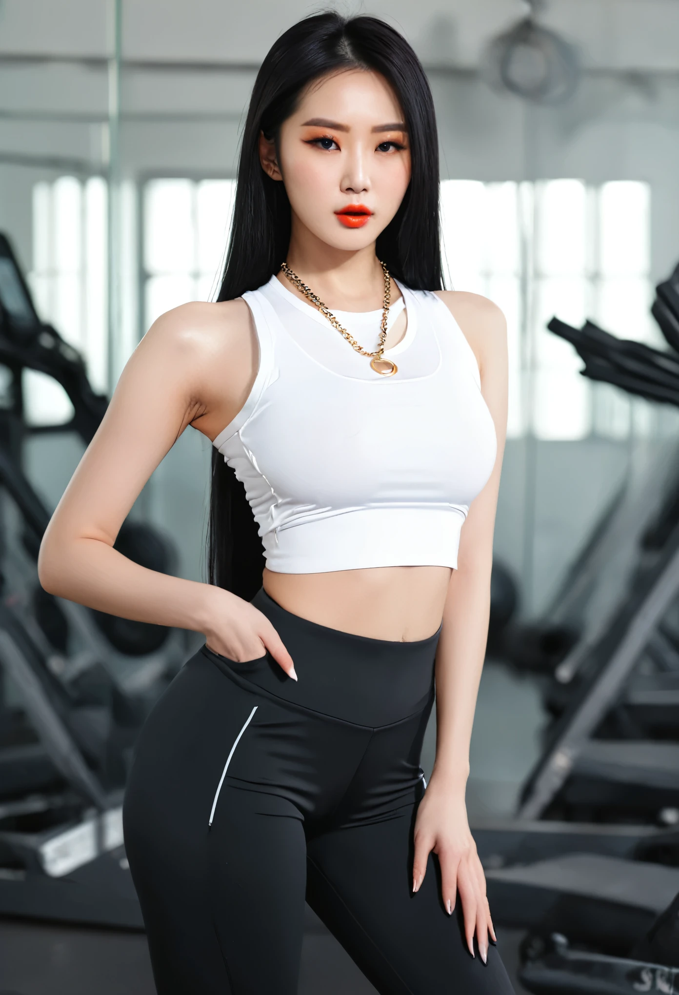 ((highest quality, 8k, masterpiece: 1.3)), beauty. hidden face. ((Korean Girls)), body. Big Breasts. thin. Fascinating. ((Long black hair. necklace)).
((Slim fit sports pants)). ((Tank top shirt)), Kneel. In the fitness room. _Highly detailed face and skin texture, Fine grain, double eyelid. Makeup face. Peach Lipstick