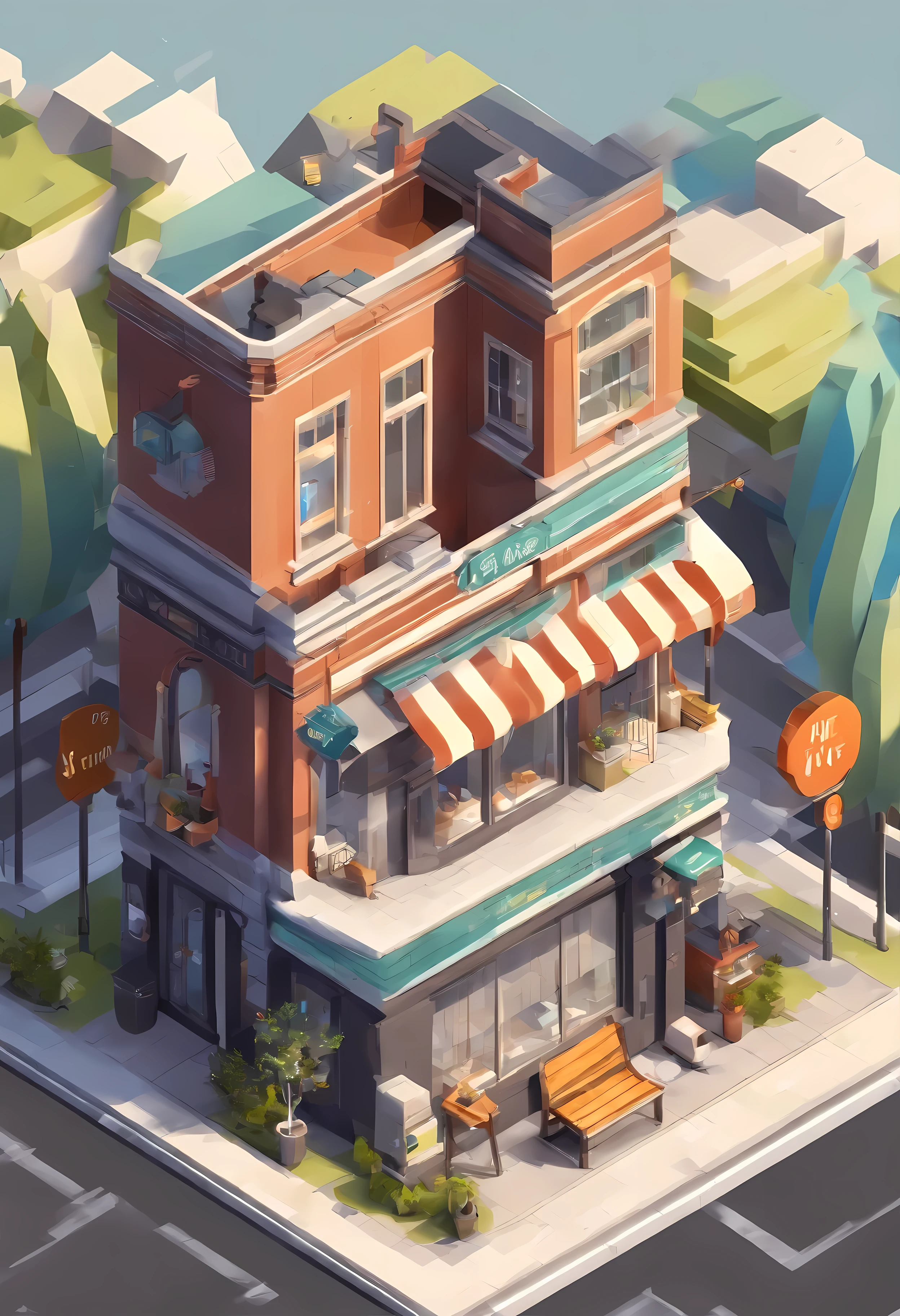 Isometric, overlooking 45 degrees, SLG game building, single building, gray background, concept art, Octane rendering, Coffee Shop, Cozy, cafe, 