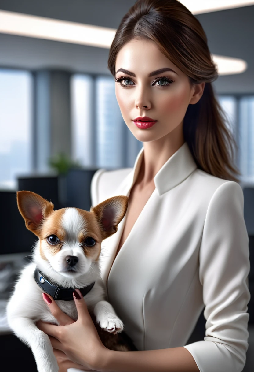 (best quality, 4k, 8k, highres, masterpiece:1.2), ultra-detailed, (realistic, photorealistic, photo-realistic:1.37), office in a skyscraper in a big city, female cyborg, beautiful detailed eyes, beautiful detailed lips, beautiful detailed face, extremely detailed eyes, extremely detailed face, long eyelashes, An elegant lady, full-length, in a luxurious dress, standing in the middle of the office, holding a small dog in her hands, high quality,  absurdity, masterpiece, beautiful, complex parts,1/2 body trimmings, slender body, beautiful figure, magnificent anatomy, complex parts:1.12, HDR, complex parts:1.15, natural skin textures, hyperrealistic, soft light, spicy:1.2