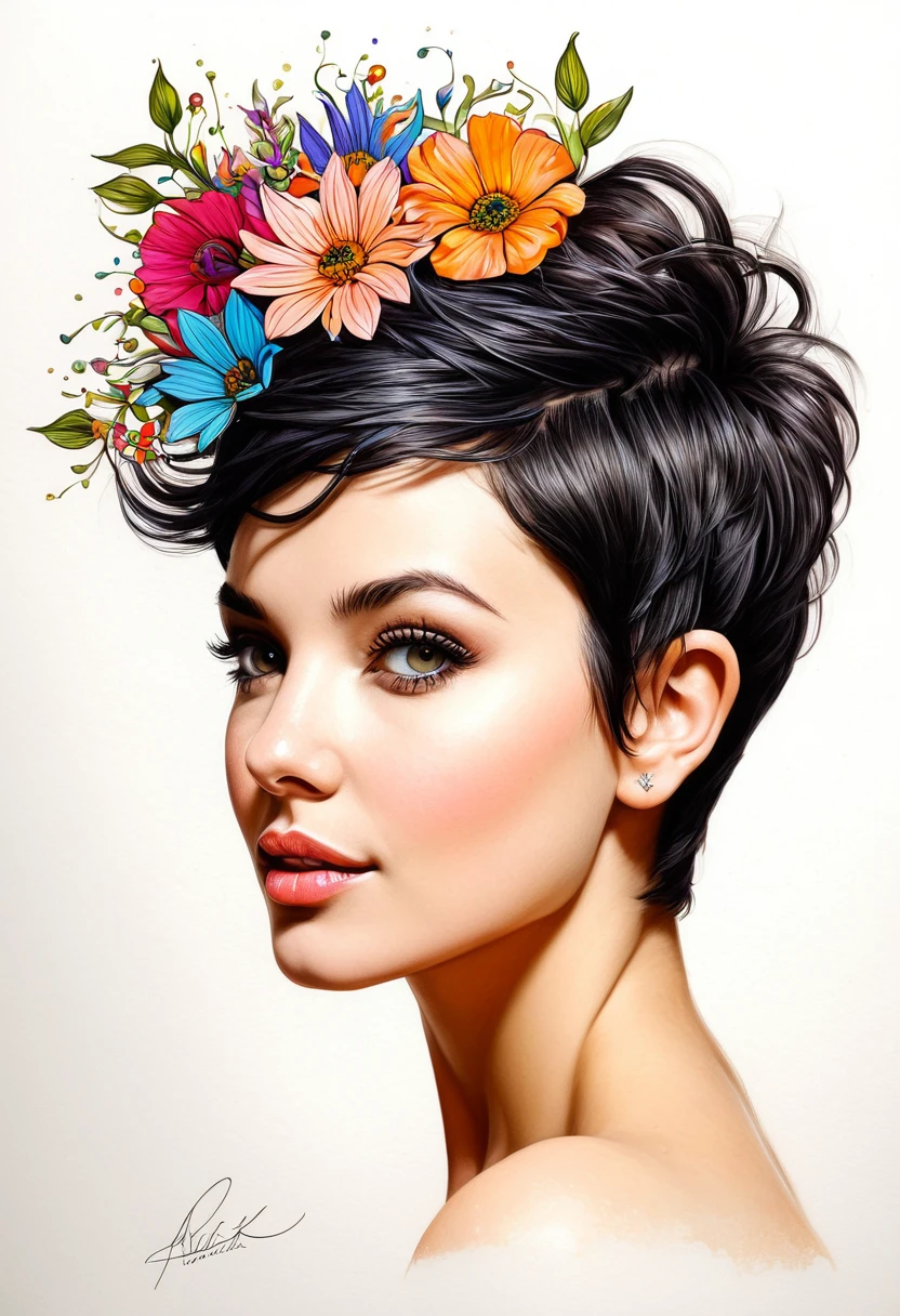 crea una mujer de pelo corto pixie, flores, obra maestra, estilo ilustracion de Ali Erturk, alto detalle, hiperrealista, luz natural,ilustracion , colores llamativos
