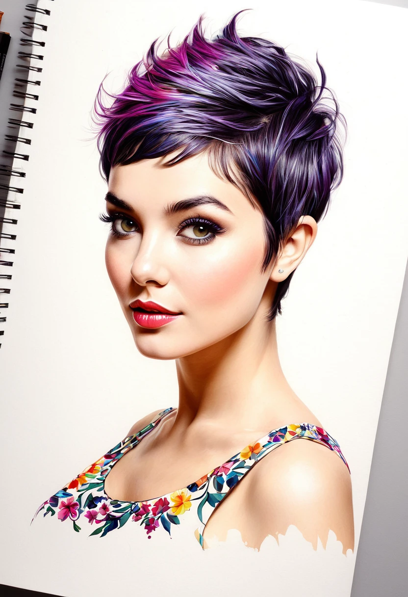 crea una mujer de pelo corto pixie, flores, obra maestra, estilo ilustracion de Ali Erturk, alto detalle, hiperrealista, luz natural,ilustracion , colores llamativos