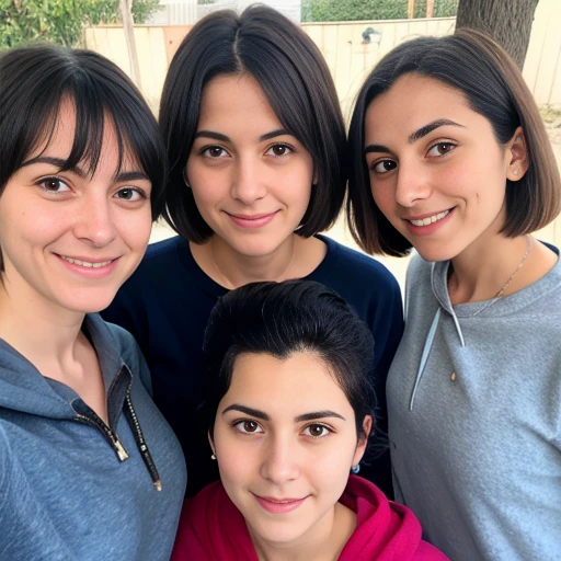 group of Judaean Woman gathered with short hair and in sweatshirts, focus on faces