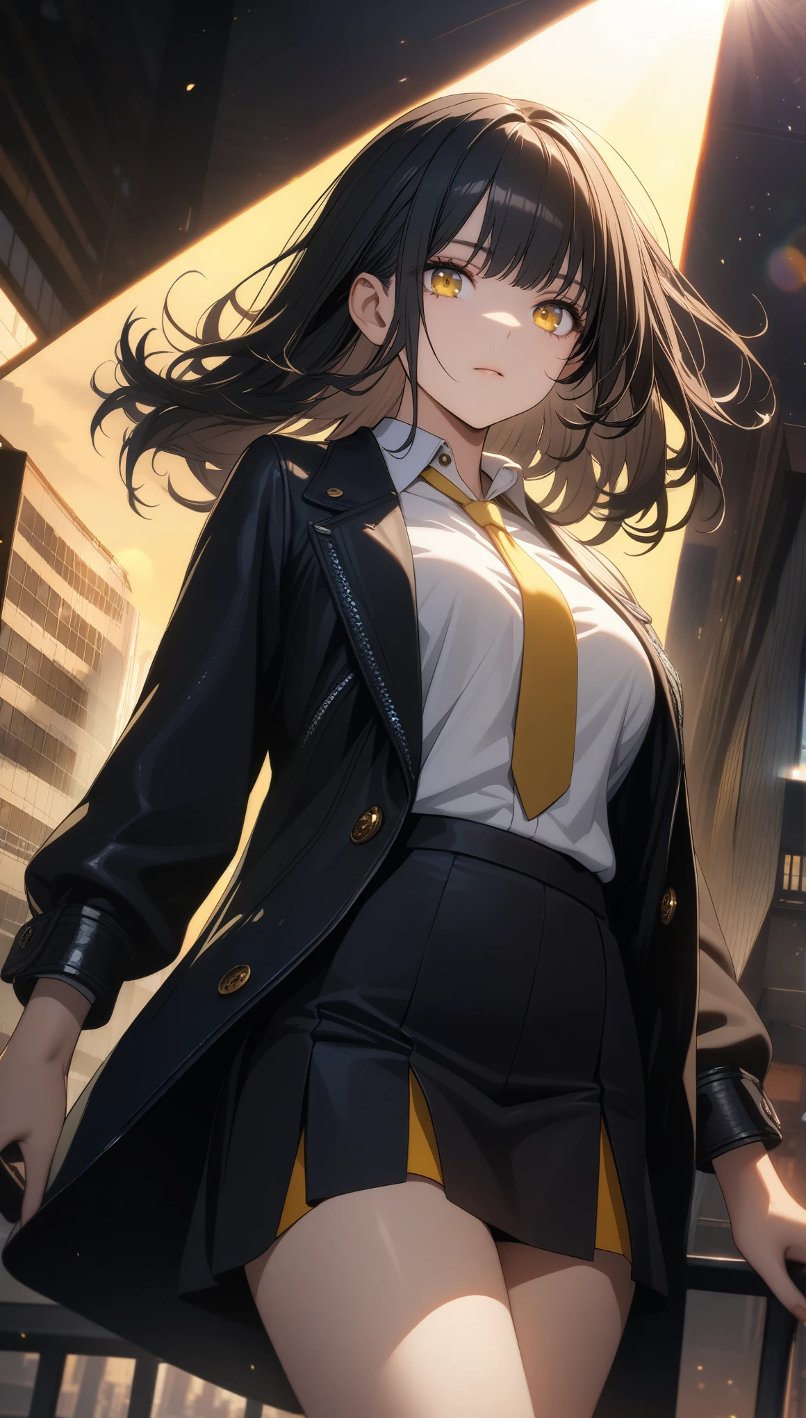 32k, best quality, ultra high res, HDR, UHD, extremely detailed CG, unity 32k wallpaper, One girl, Intricate details, masterpiece, highest quality, Very detailed,Cinema Lighting, Beautiful sparkle, Beautifully detailed face and eyes, 8k, Dark intense shadows, Yellow Eyes, Medium Hair, Black Hair, bangs, Floating Hair, Black jacket, Open jacket, White shirt, Expressionless, Yellow tie, Black Skirt, Spotlight, sunlight, sunrise, Gradient Sky, city, Lens flare, Cowboy Shot, [[Curvy]], [Mature Woman],