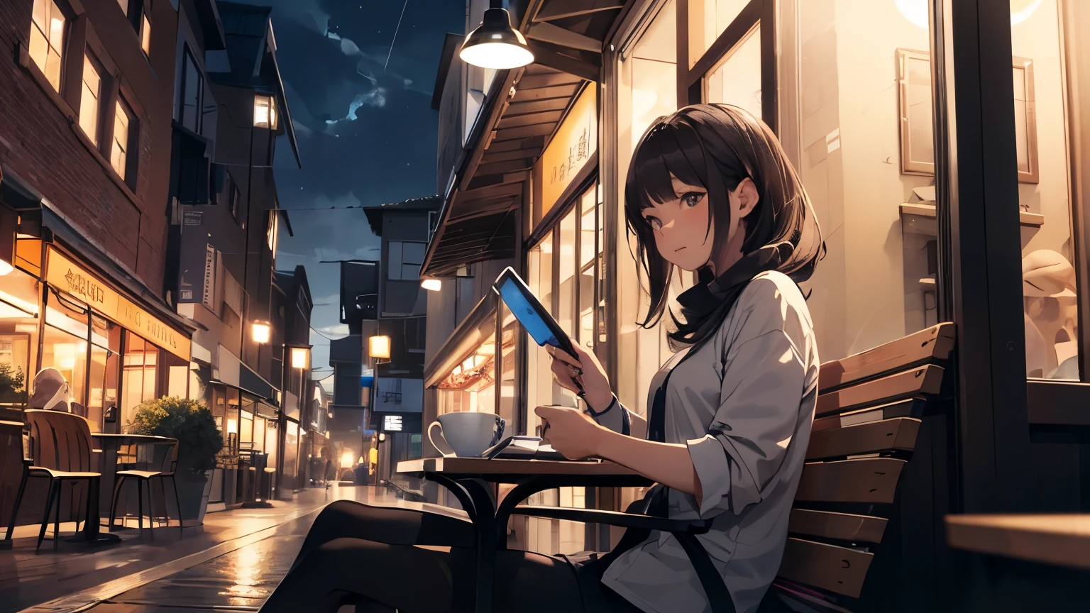 ((highest quality)), ((masterpiece)), (detailed), By the window of the café。
しとしとと雨が降る夕景の空を眺めるBy the window of the caféの風景。
Warm lighting and muted colors。
The streetlights are reflected beautifully in the windows.。
A woman is sitting and working with a ballpoint pen in one hand。
Relaxed atmosphere。
On the woman&#39;s table、Computer and notebook、There is a coffee mug on。