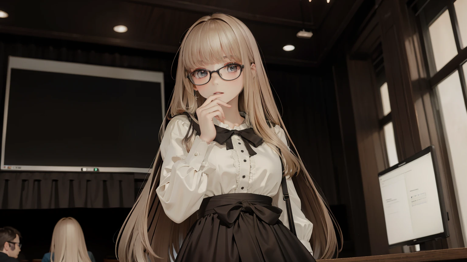 ((Best quality)), ((Masterpiece)), ((Super detailed)), (illustration), (Detailed light), (An extremely delicate and beautiful),A charming young girl,Dramatic perspective,Blonde long hair,Standing in the lecture hall and teaching students,blackboard