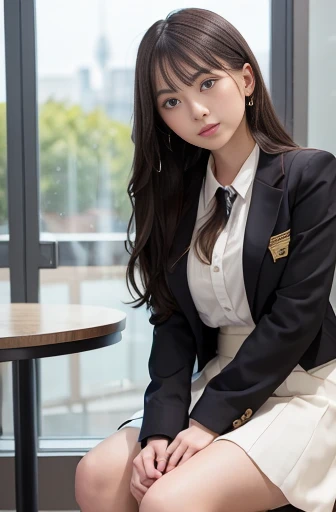 dutch angle, from below, thick thighs, sit, a lot of details, neat figure, 30 years old, detailed long hair, short wavy delicate hair, Lateral braid, detailed black hair, beatiful detailed hair, super fucking beautiful, happy, open mouth, perfect hands, small breast, perfect and delicate limbs, detailed skin, business suit, skirt, high heels, open jacket, cream background Clothes, Tables and chairs in disarray, window, best quality, ultra-detailed,