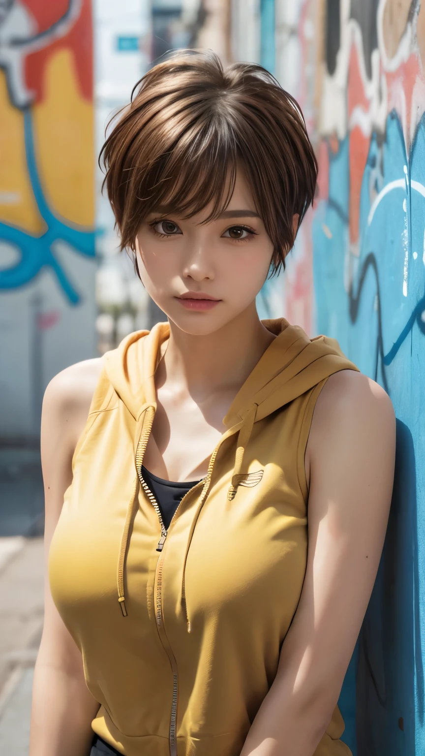 masterpiece, highest quality, Very detailed, 8k, Realistic, One Girl, alone, Tomboy, Very detailed face, (head shot:1.5), Upper Body, Standing in front of a wall covered in hip hop graffiti, Light brown pixie cut hair, He is wearing a short black tank top and an open-zipped yellow hoodie.。., Reaching into the pocket of a hoodie