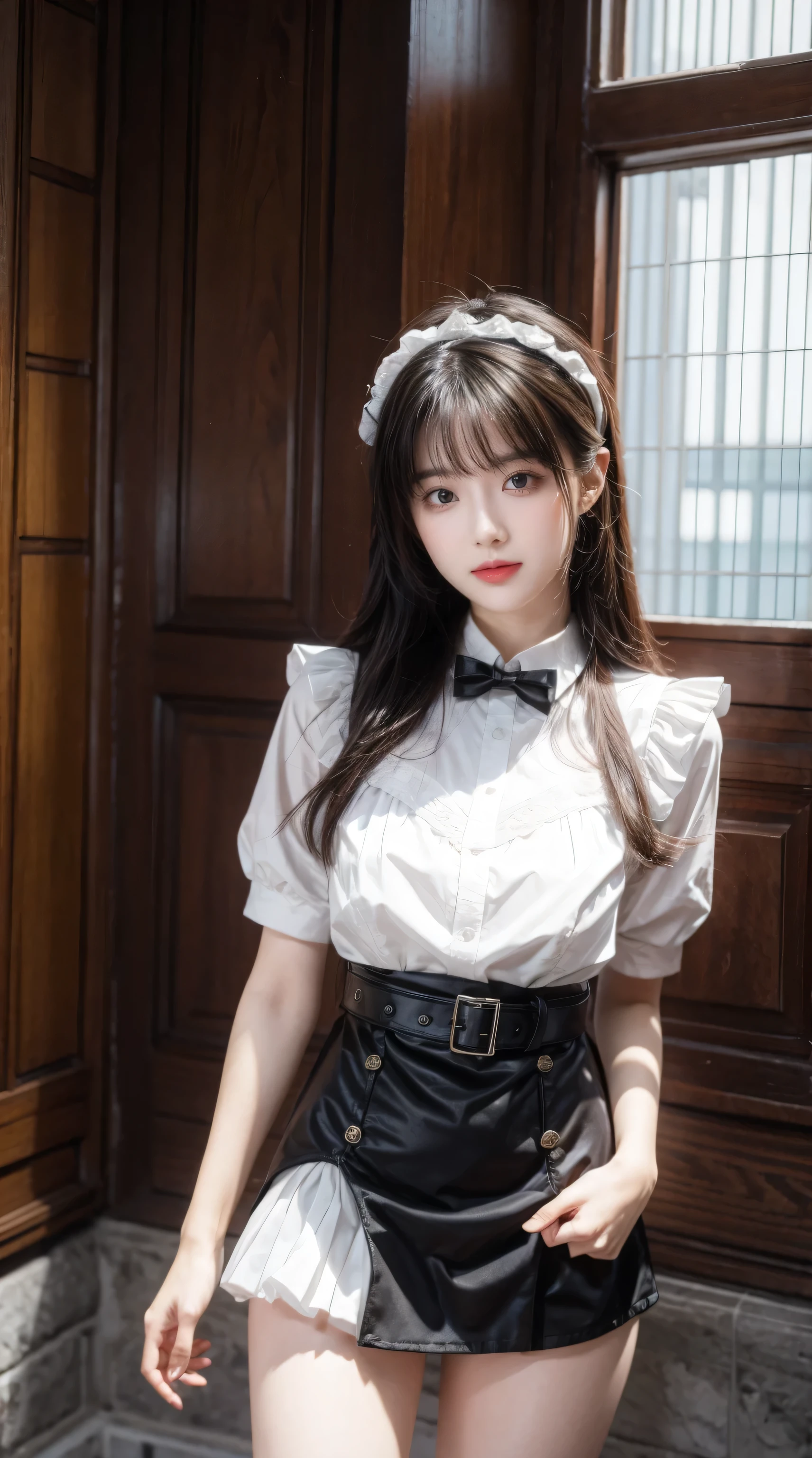 masterpiece, best quality, high resolution, 1After, Fujiwara Chika, maid dress, breast, Red belt, Bangs, large breast, Cowboy shooting, Smile, indoors, Sexy pose, Breasts exposed, maid, Ming Daofu, black maid dress, Apro, maid Apro, mini skirt, Socks, Socks, Put your hands behind your back,