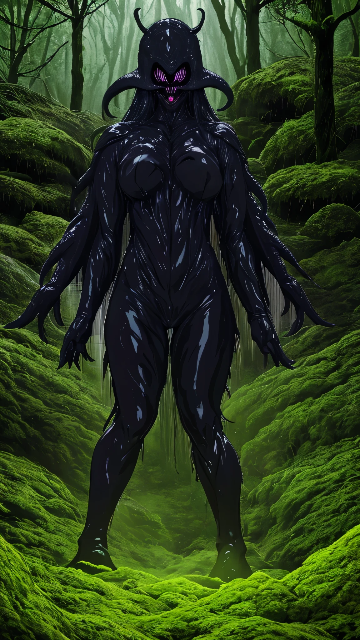 (masterpeace, high quality, 4K, HDR:1.4) BREAK (( Female xenomorph with white underpants, breasts, extremely detailed, extremely detailed fingers, 5 fingers, extremely detailed legs, extremely detailed arms, extremely detailed face, perfectly detailed anatomy)):1.2
BREAK white panties, black body, black breast BREAK frontal view, arms behind head, forest background