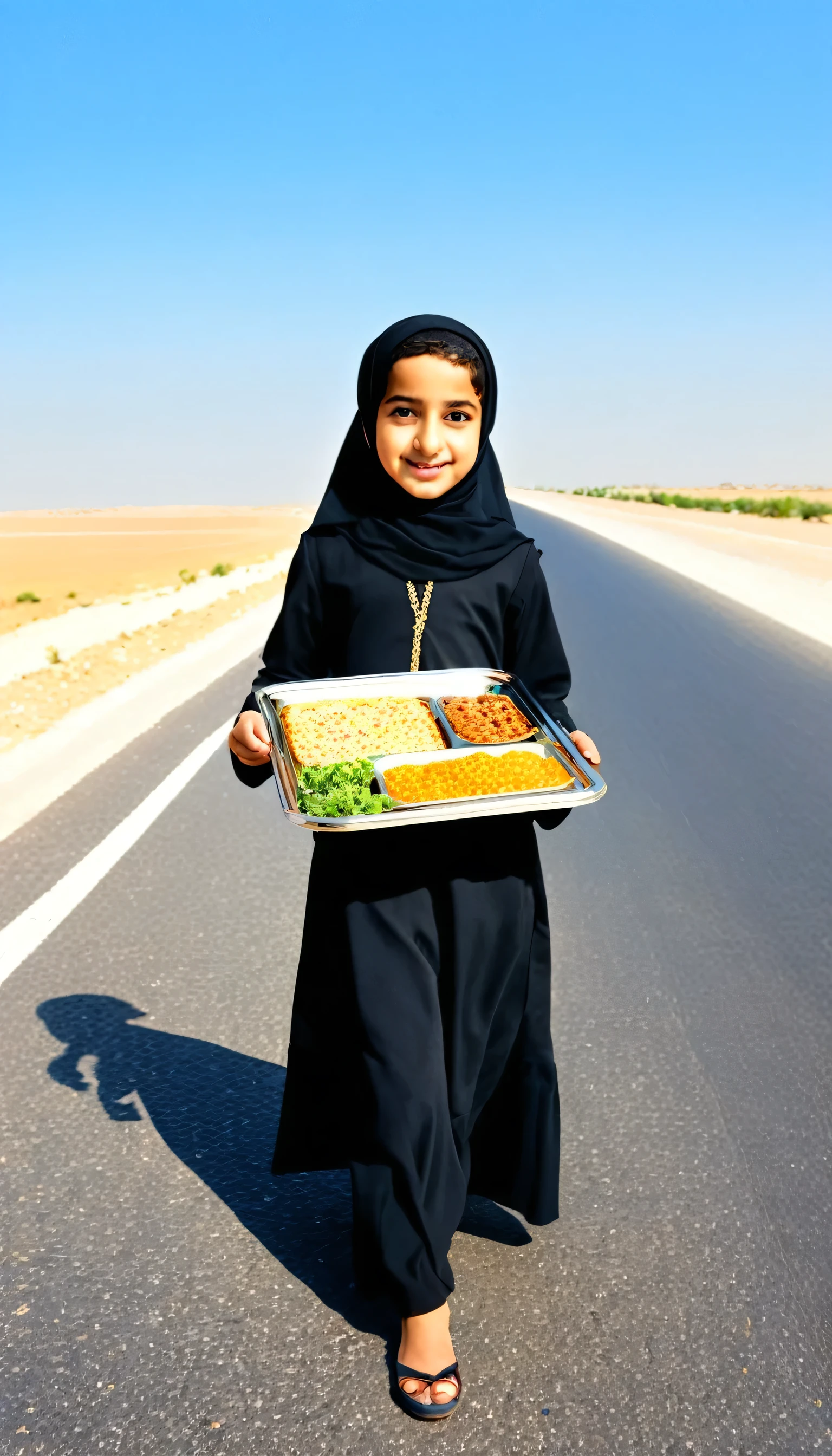 6years old Arab girl wearing a black dress and hijab walking outdoors, holding, holding_tray, food, offering food, background includes a road, sky, day, looking_at_viewer, crowd