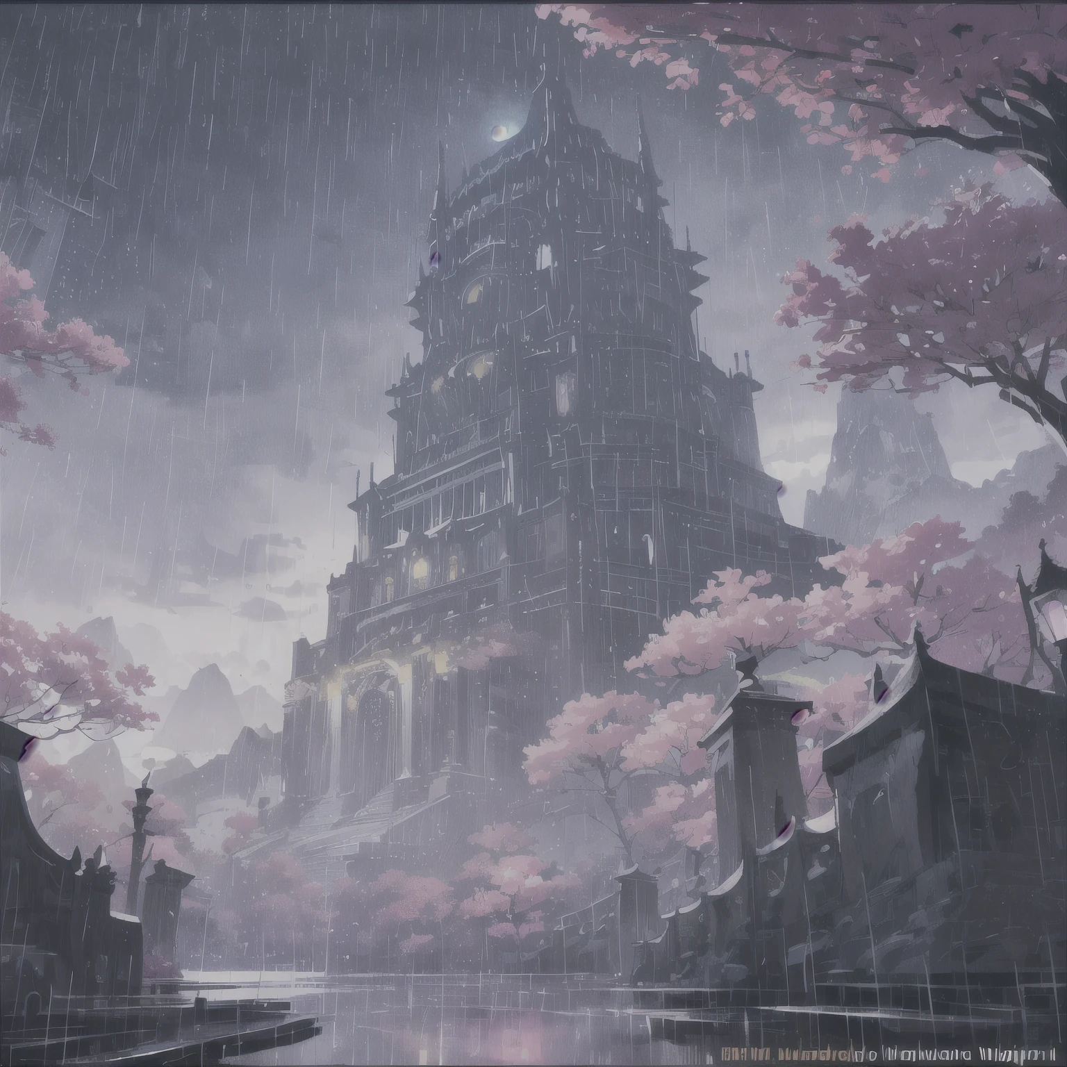 At night, only the moonlight illuminates, crooked moon, mountains in the distance, beautiful big lotus flowers nearby, big red lotus flowers, running water next to it, frogs, summer full of joy, crooked moon in the sky mixed with stars, amazing wallpaper, rainy night, night in the rain, beautiful and beautiful, movie, high detail ((heavy rain))), 8k
